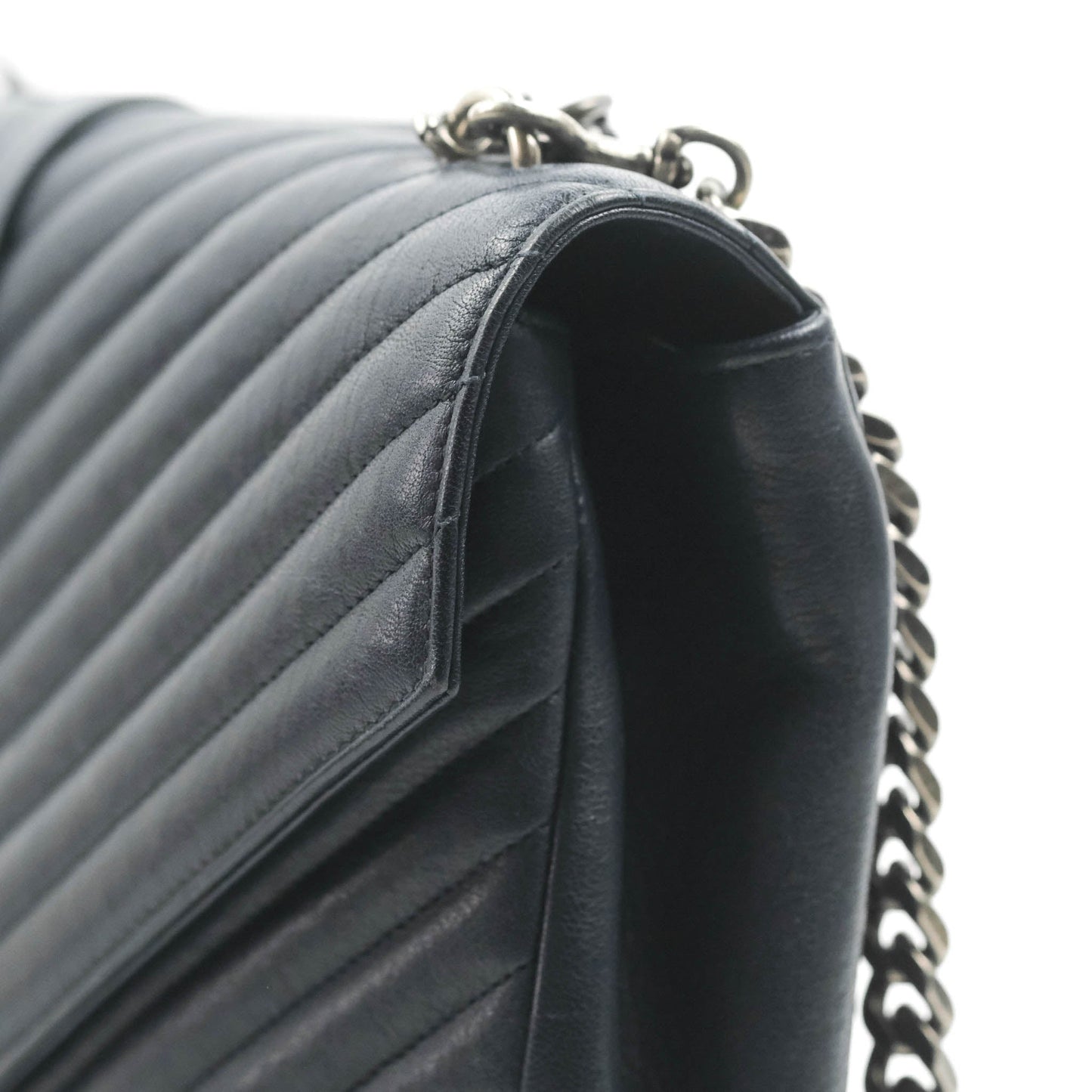 Saint Laurent Chevron Large College Navy Chain Bag Ruthenium Hardware