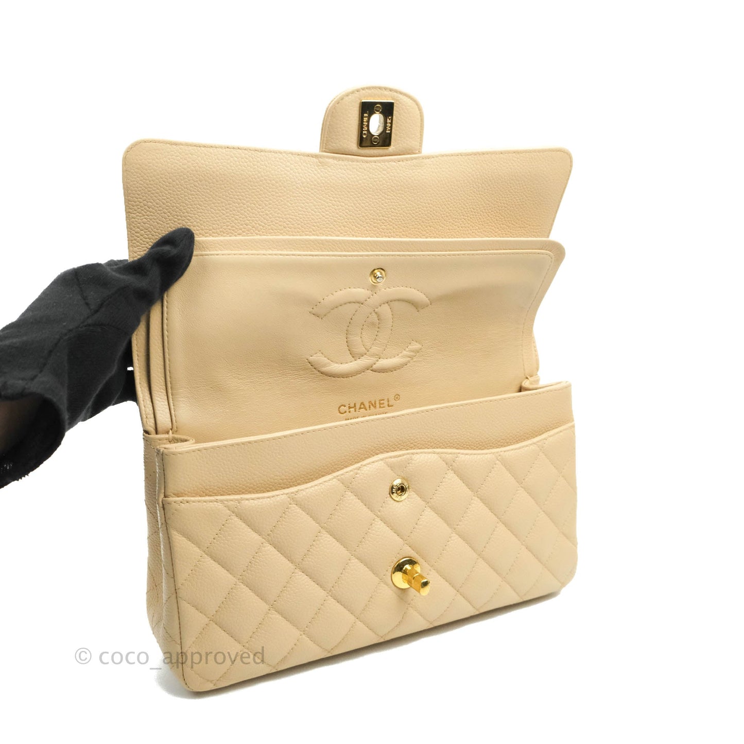 Chanel Classic M/L Medium Double Flap Bag Beige Caviar Gold Hardware
