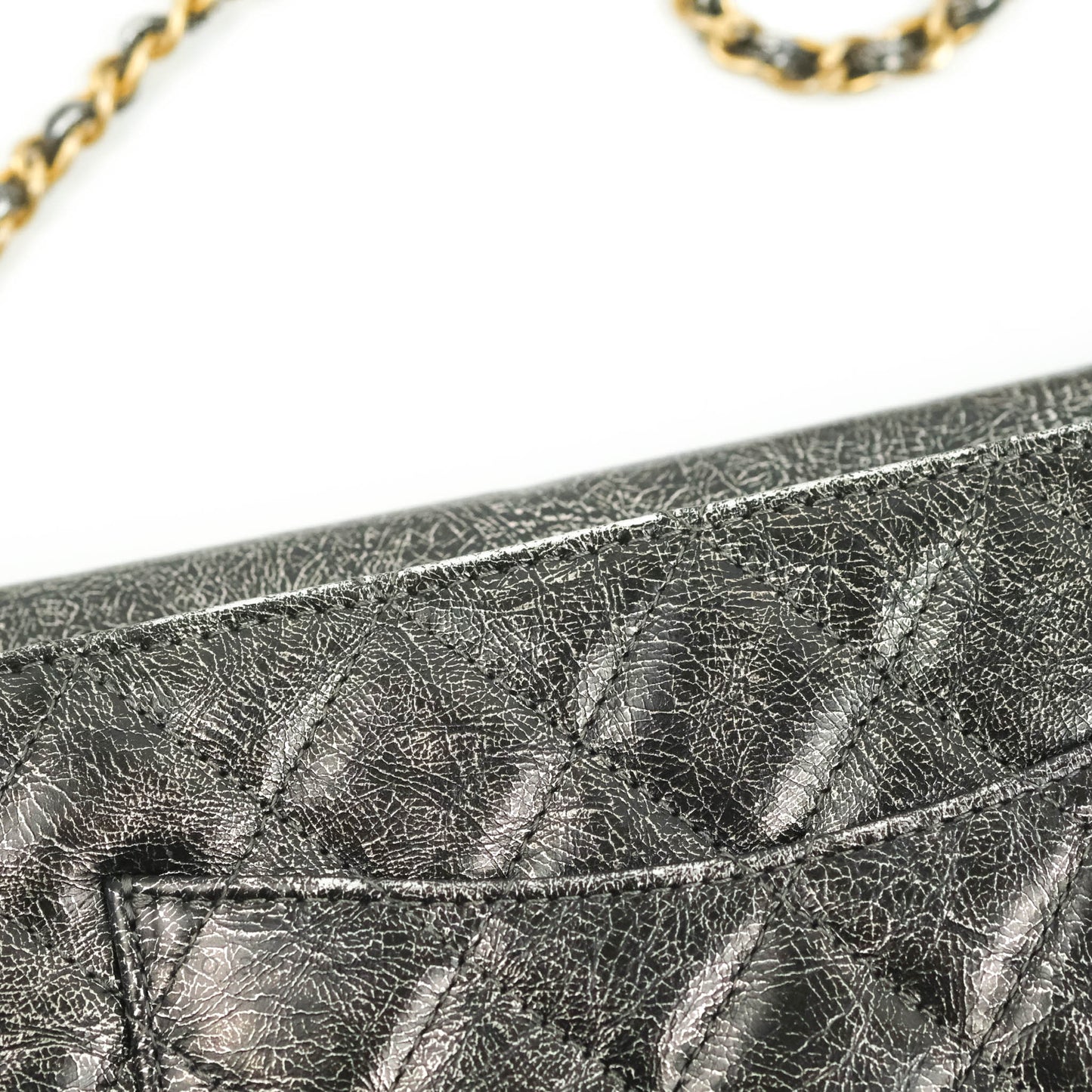 Chanel Cracked Metallic Calfskin Quilted Zip Away Chain Clutch Dark Silver Aged Gold Hardware