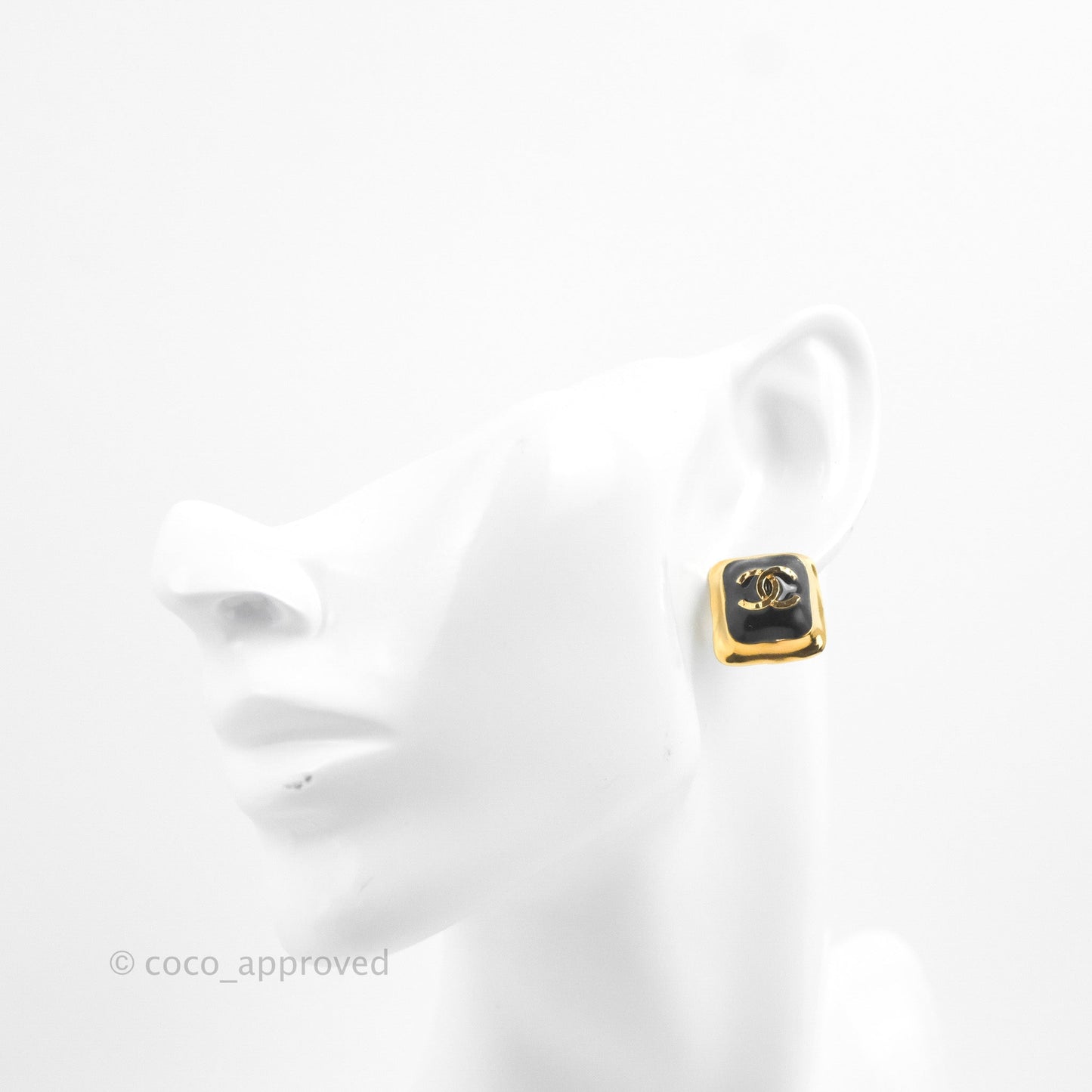 Chanel CC Square Metal Black Earrings Gold Tone 23C