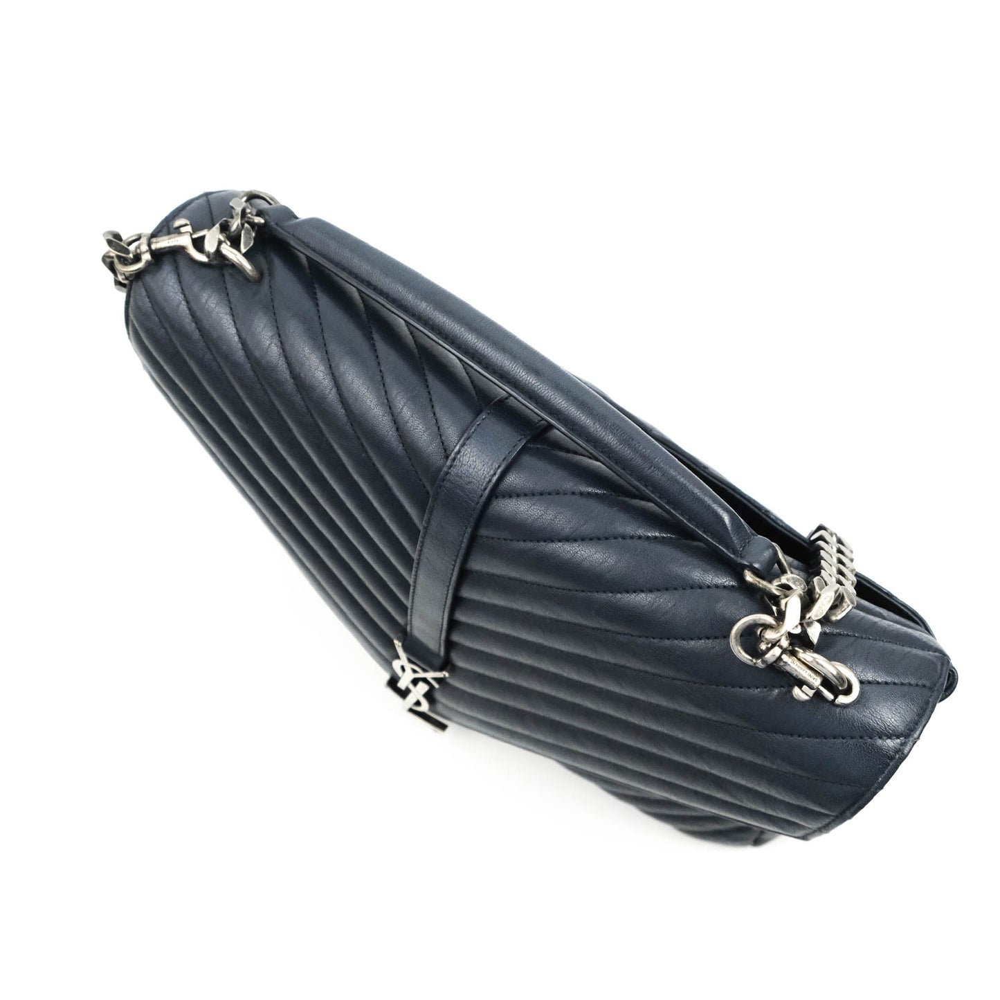 Saint Laurent Chevron Large College Navy Chain Bag Ruthenium Hardware