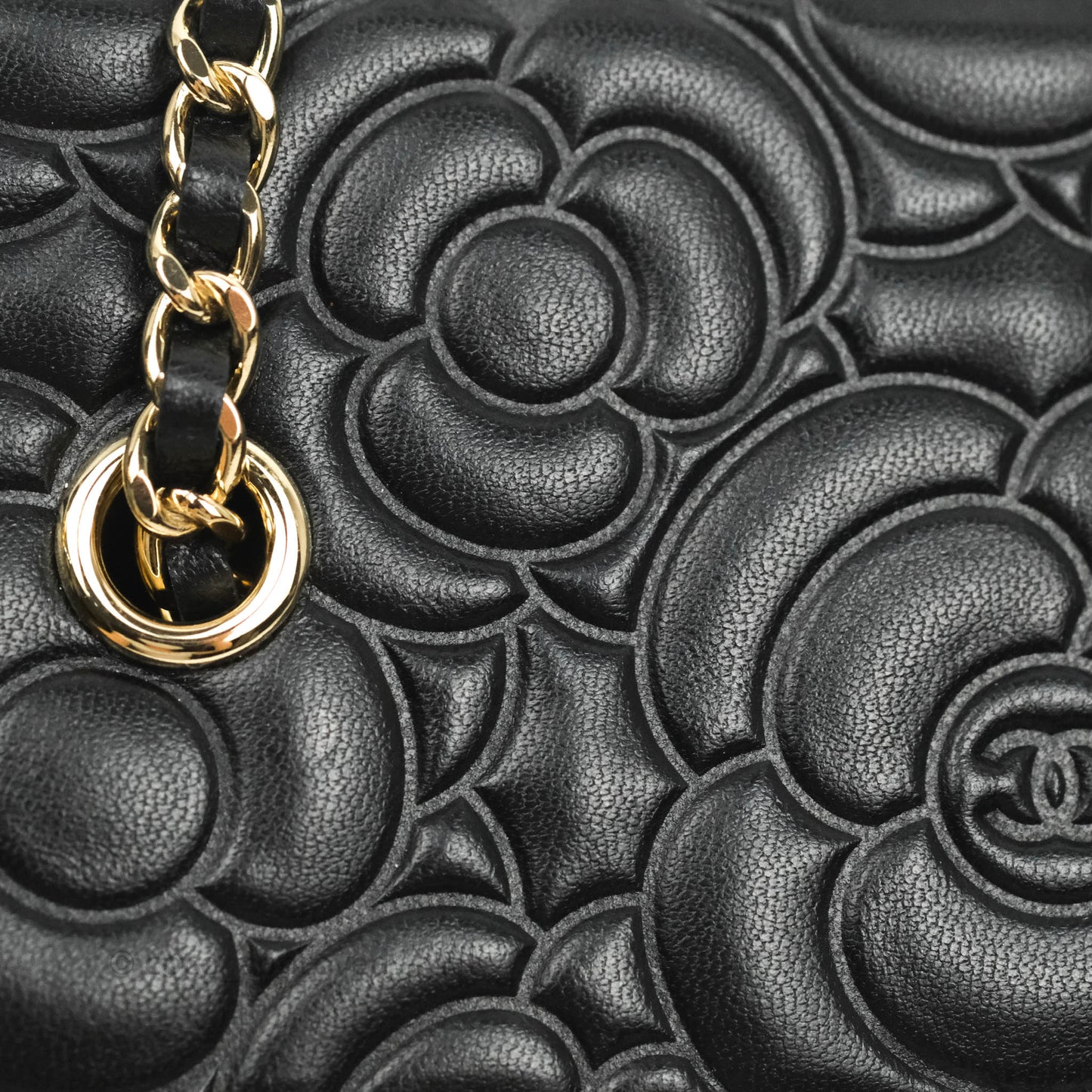 Chanel Vanity Rectangular Camellia Embossed Black Lambskin Gold Hardware