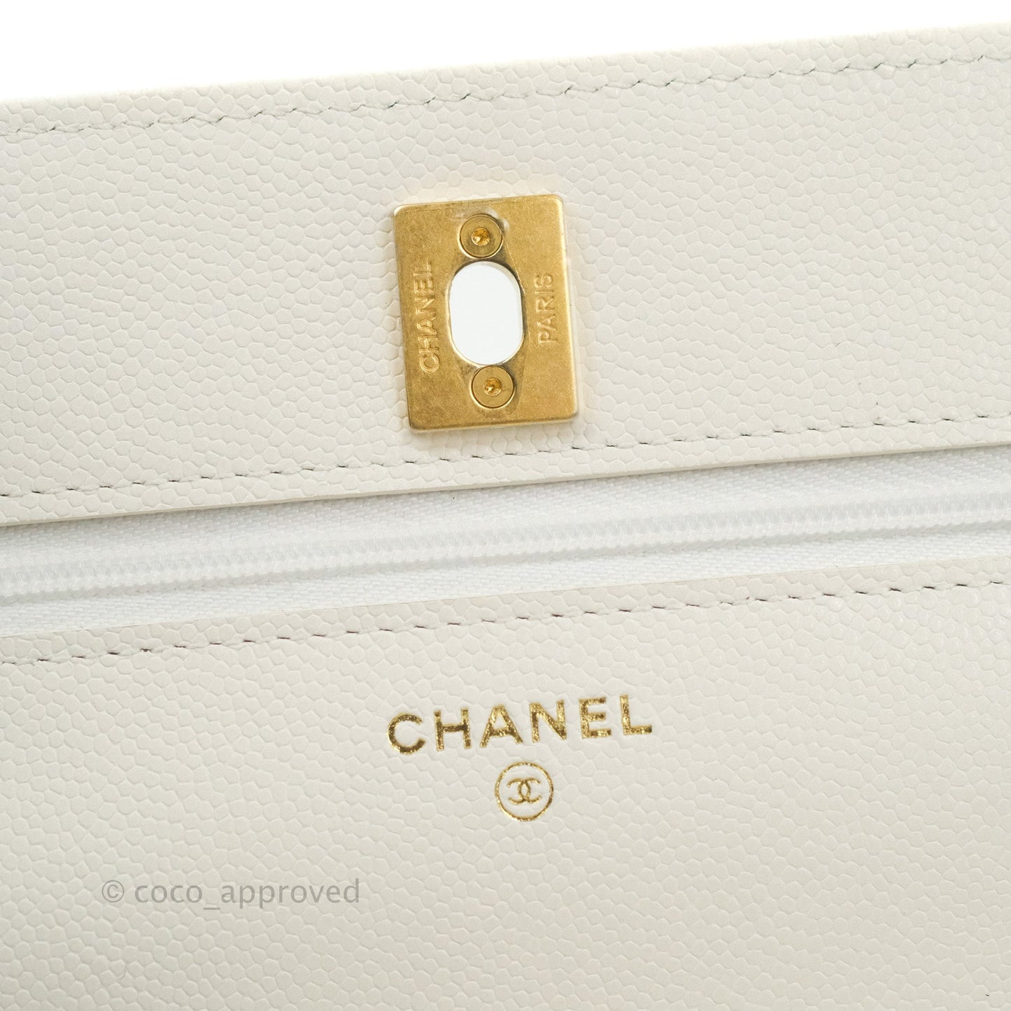 Chanel Quilted Gold CC Coin Wallet on Chain WOC White Caviar Gold Hardware