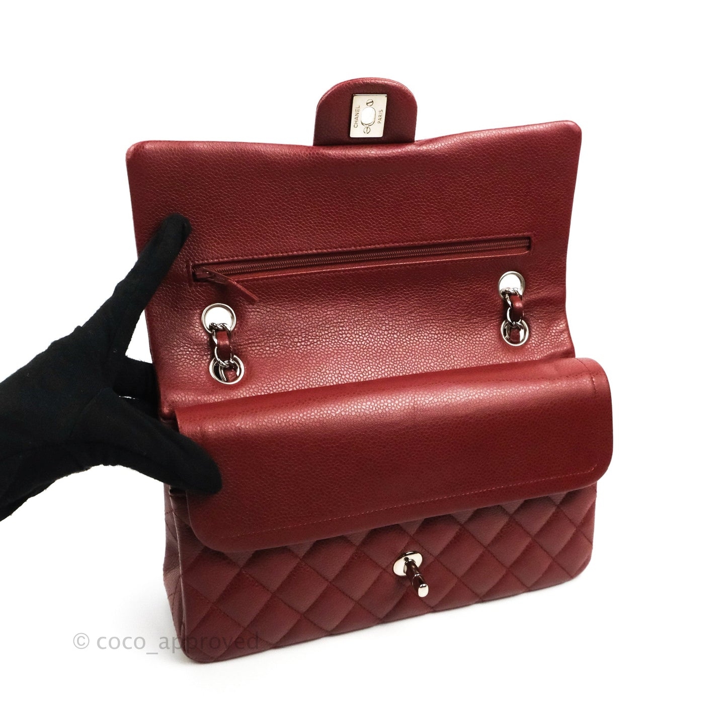 Chanel Classic M/L Medium Flap Quilted Dark Red Caviar Silver Hardware