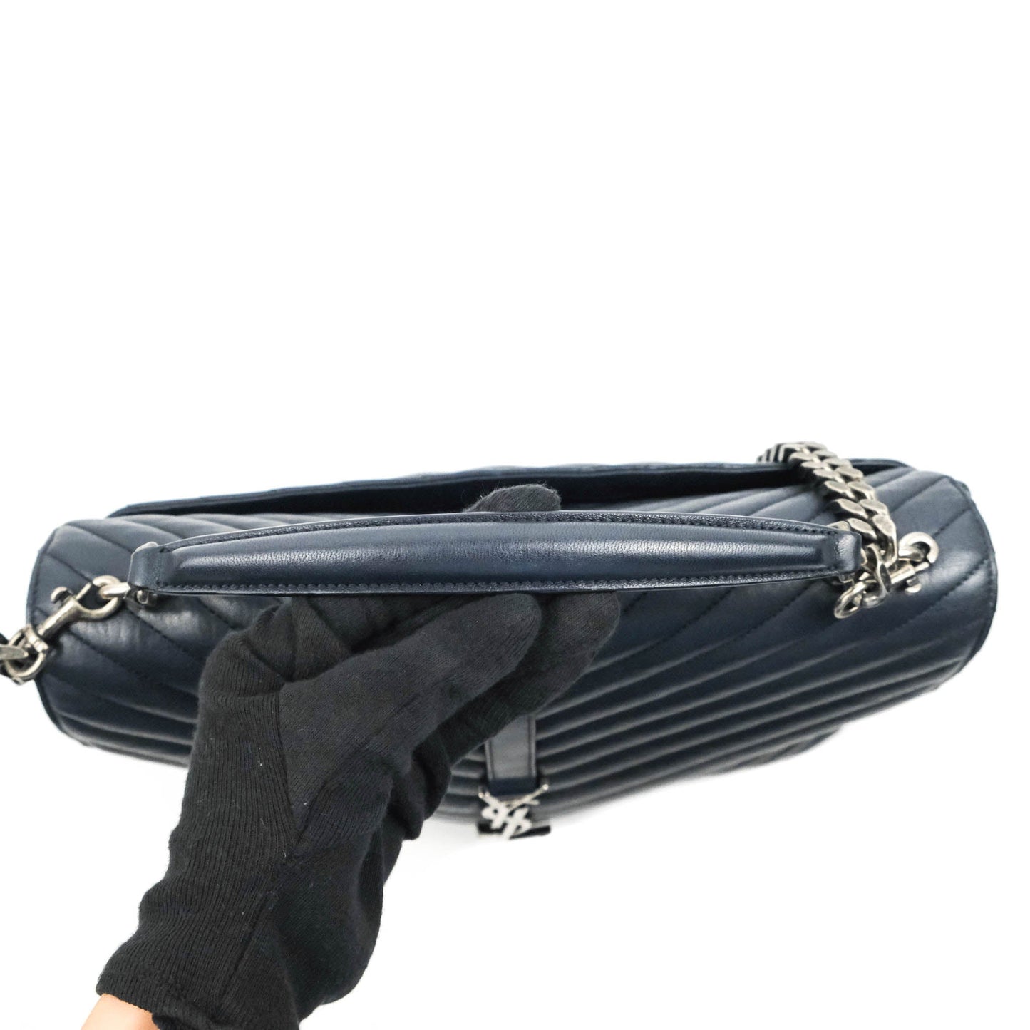 Saint Laurent Chevron Large College Navy Chain Bag Ruthenium Hardware