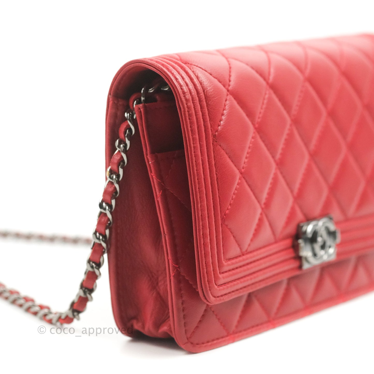 Chanel Boy Wallet on Chain WOC Red Lambskin Dark Silver Hardware