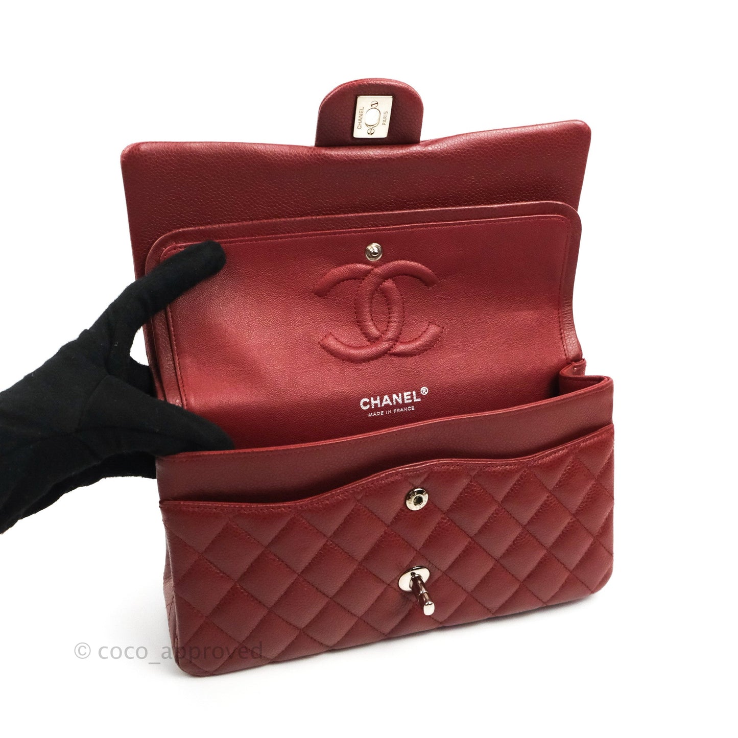 Chanel Classic M/L Medium Flap Quilted Dark Red Caviar Silver Hardware