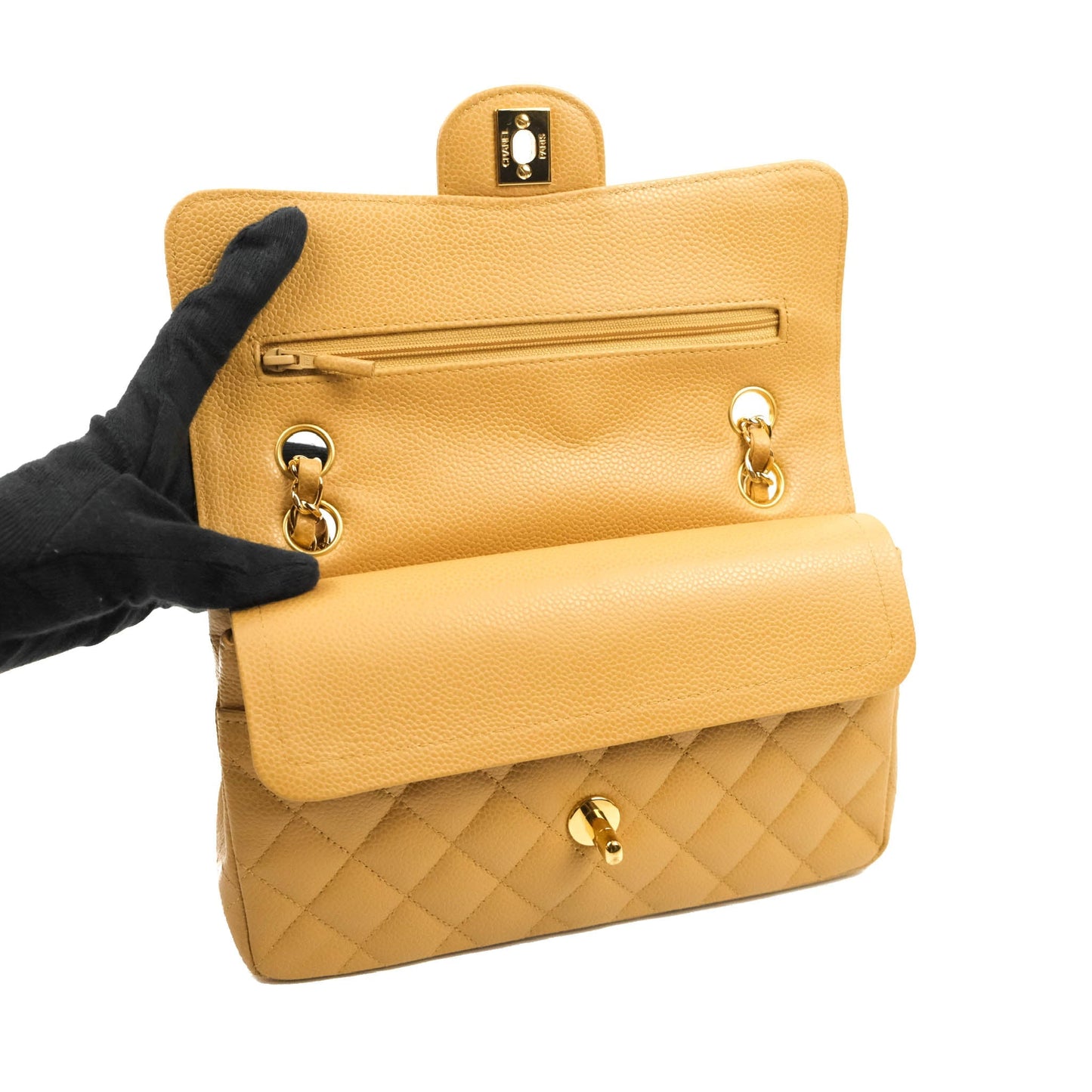 Chanel S/M Small Classic Quilted Flap Dark Beige Caviar 24K Gold Hardware