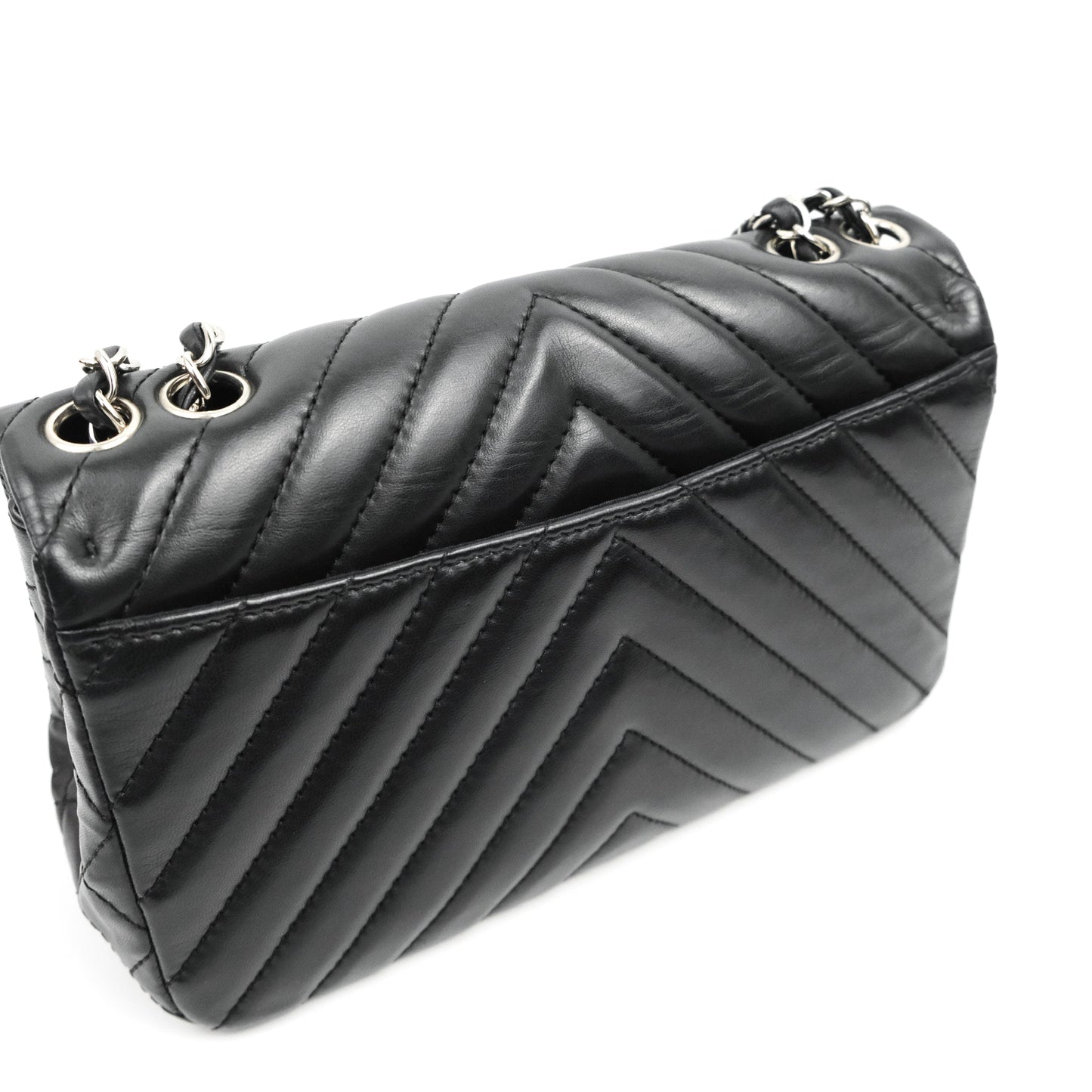 Chanel Surpique Chevron Medium Flap Black Silver Hardware