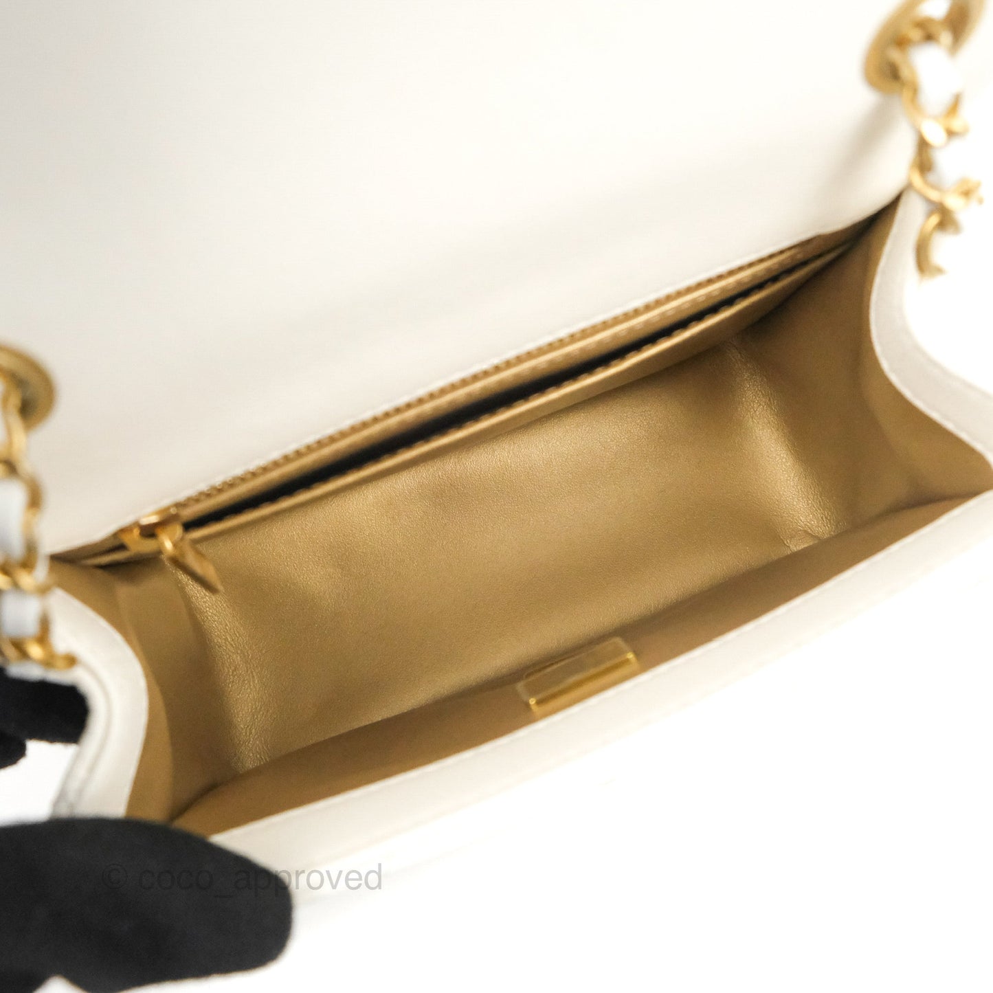 Chanel Mini Square Pearl Crush Quilted White Lambskin Aged Gold Hardware