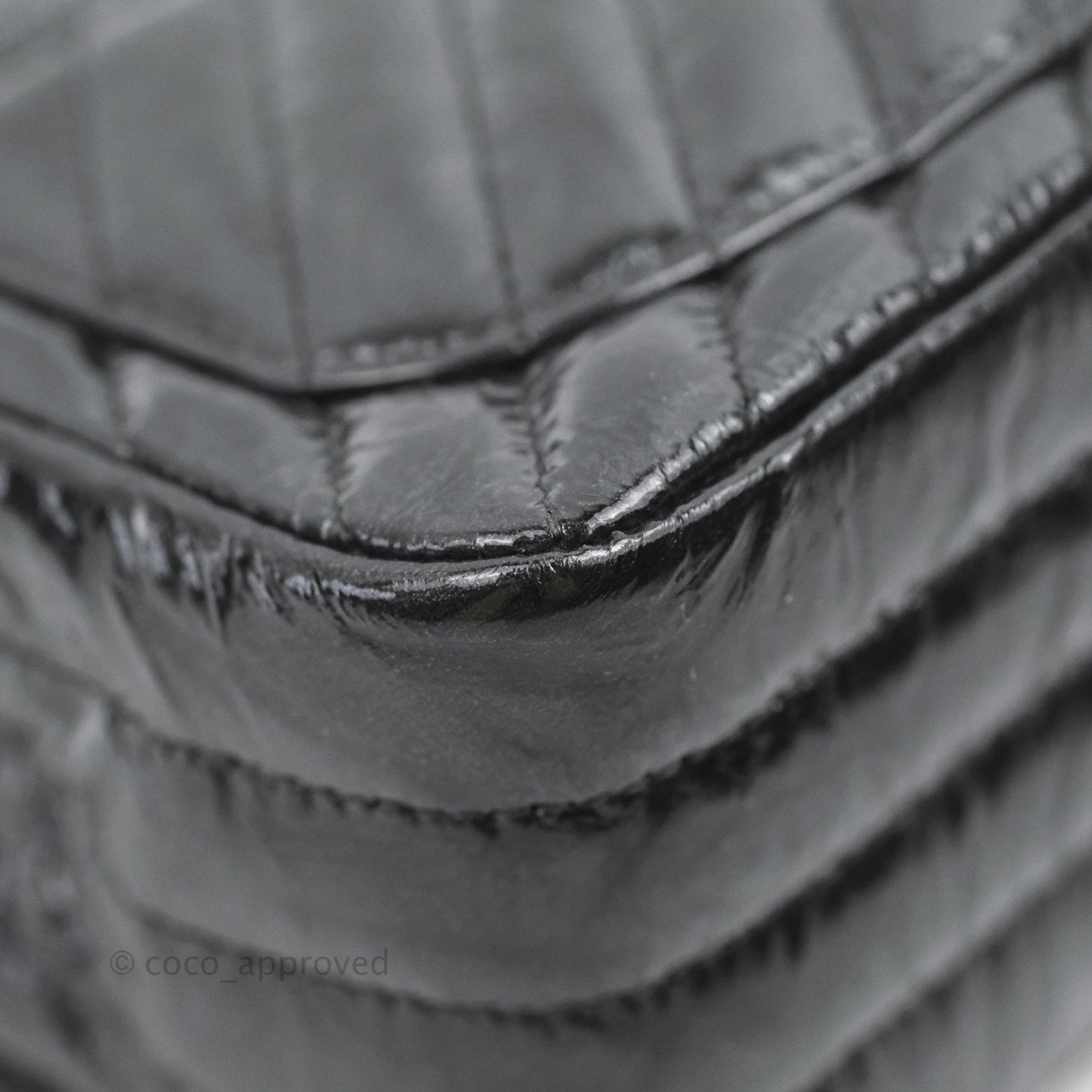 Chanel Mini Square Chevron Flap Black Crumpled Metallic Patent So Black