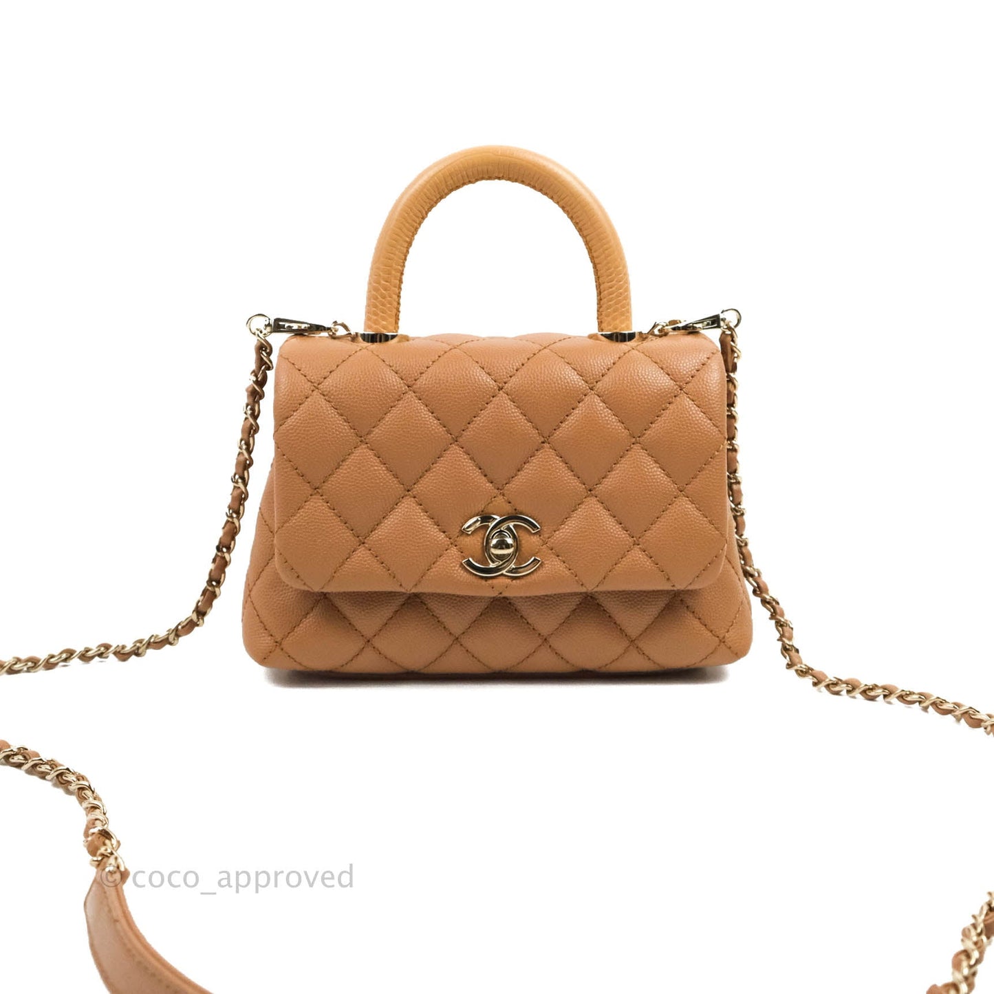 Chanel Mini Coco Handle Quilted Dark Beige Caramel Caviar Lizard Embossed Handle Gold Hardware