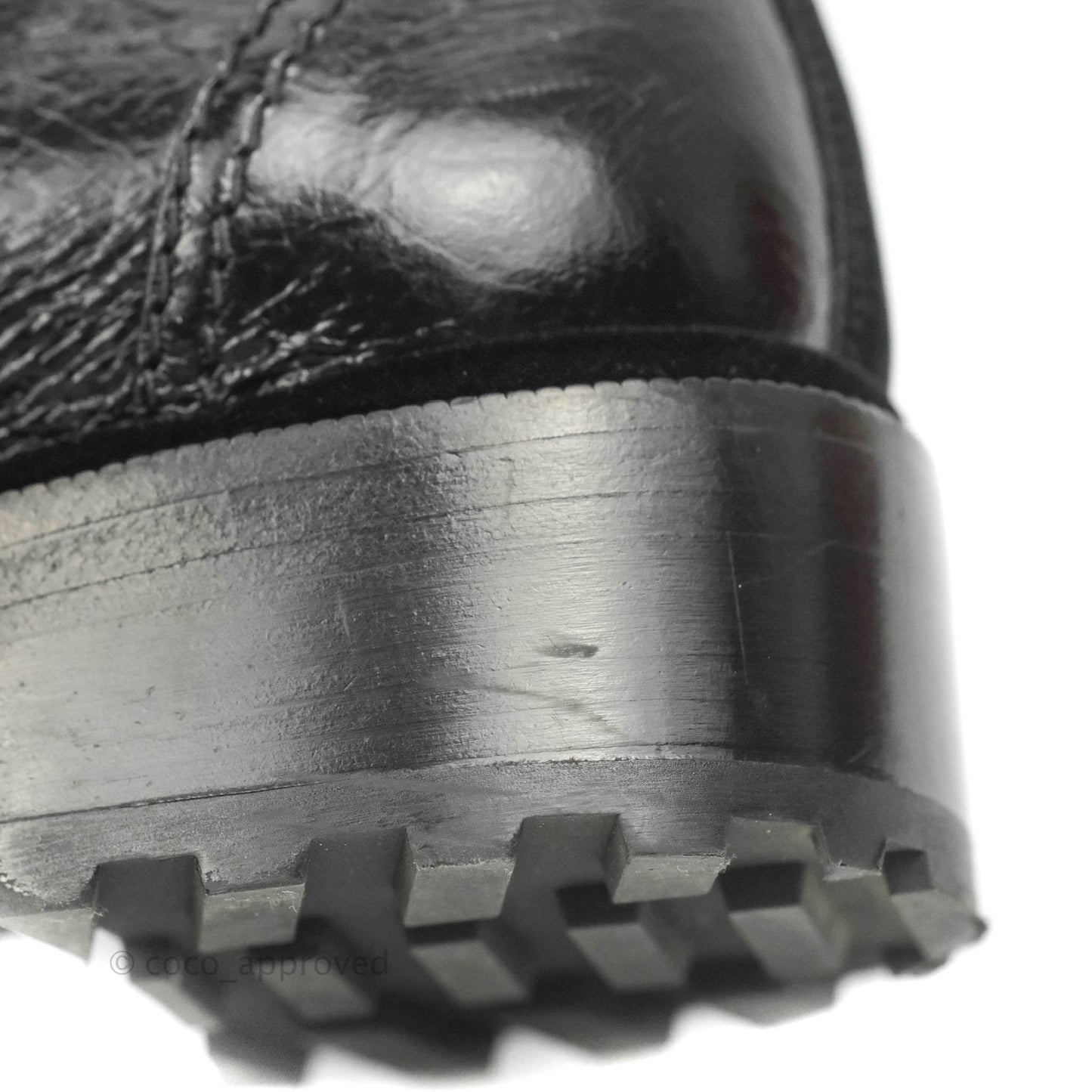 Chanel CC Pearl Crumpled Glazed Black Calfskin Combat Boots with Velvet Laces