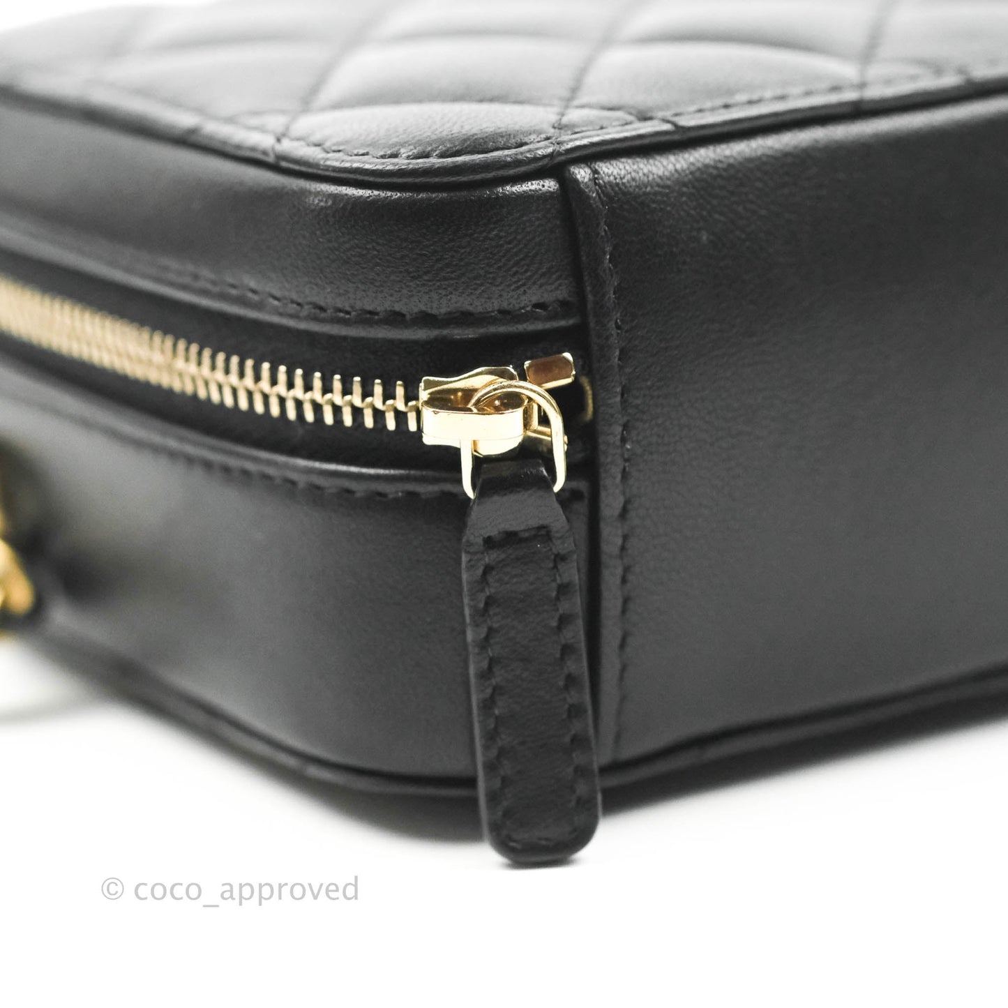 Chanel Mini Pearl Crush Quilted Camera Case Black Lambskin Aged Gold Hardware