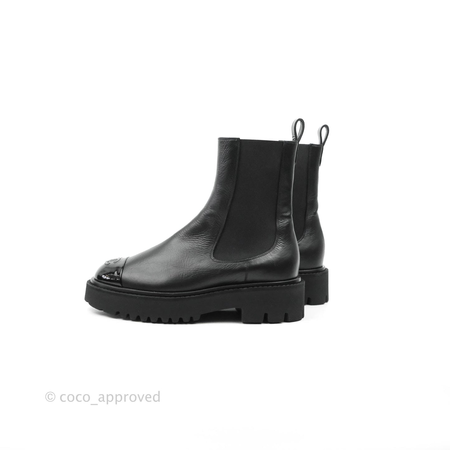 Chanel CC Black Crumpled Calfskin & Patent Ankle Boots Size 37.5