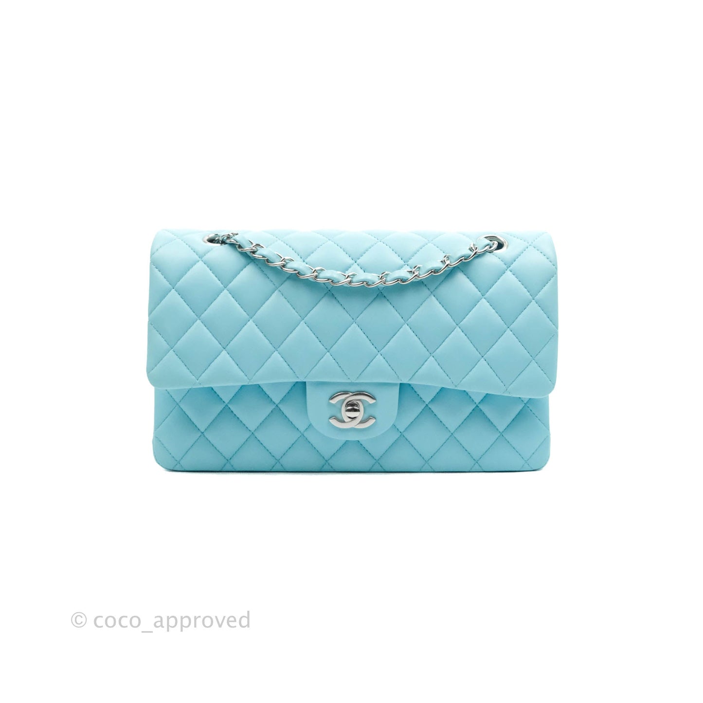 Chanel Classic M/L Medium Double Flap Tiffany Neon Blue Lambskin Silver Hardware 21S
