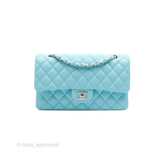 Chanel Classic M/L Medium Double Flap Tiffany Neon Blue Lambskin Silver Hardware 21S