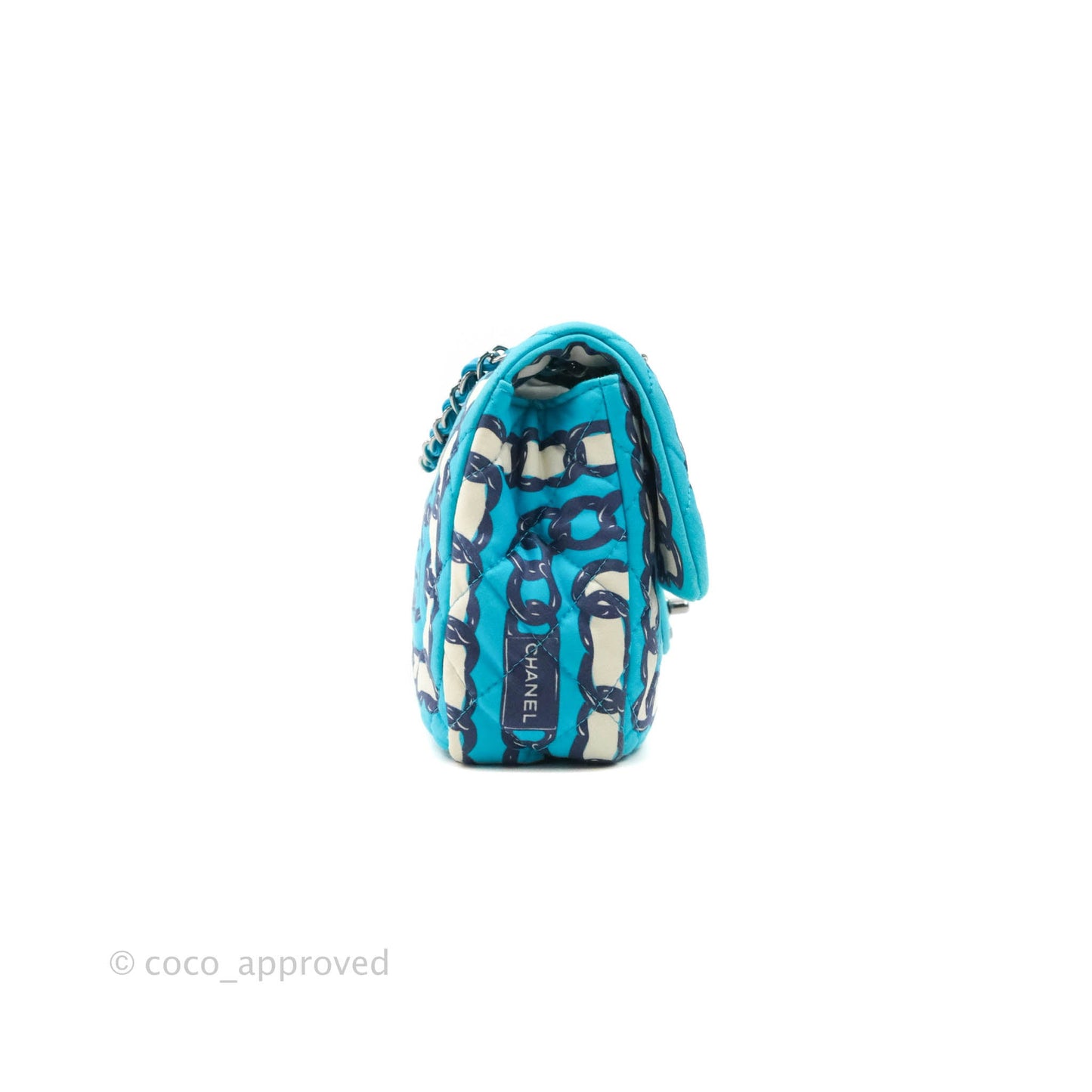 Chanel Medium Single Flap Chain Printed in Blue Silk Gun Metal