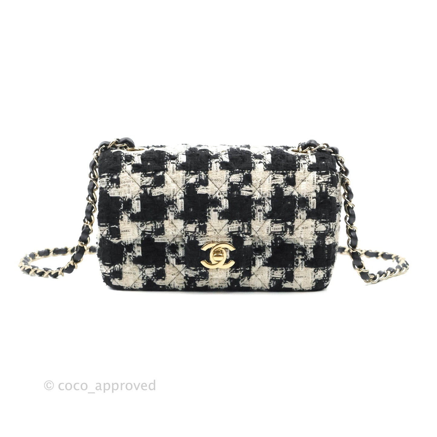 Chanel Quilted Mini Rectangular Flap Tweed Houndstooth Black & White Gold Hardware