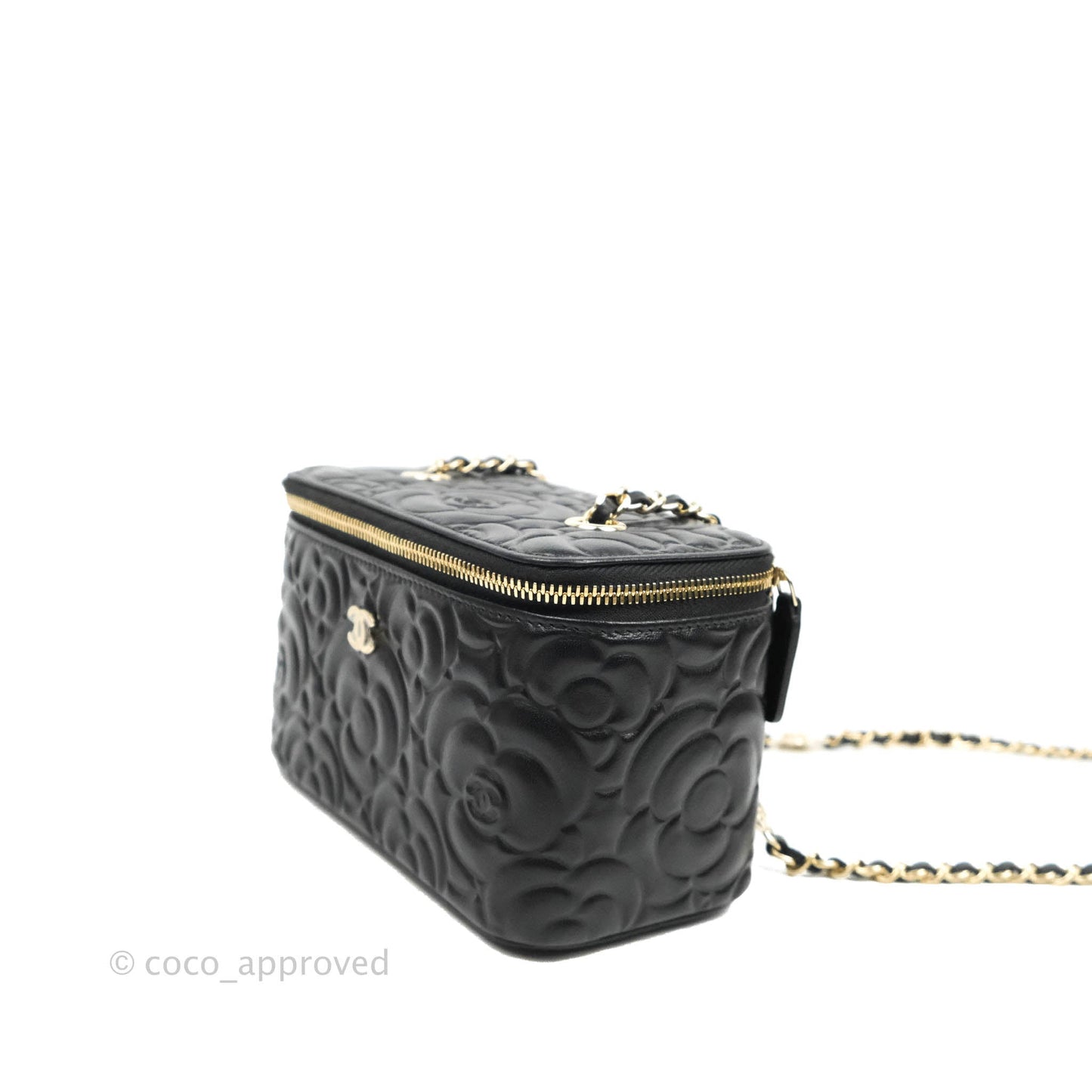 Chanel Vanity Rectangular Camellia Embossed Black Lambskin Gold Hardware