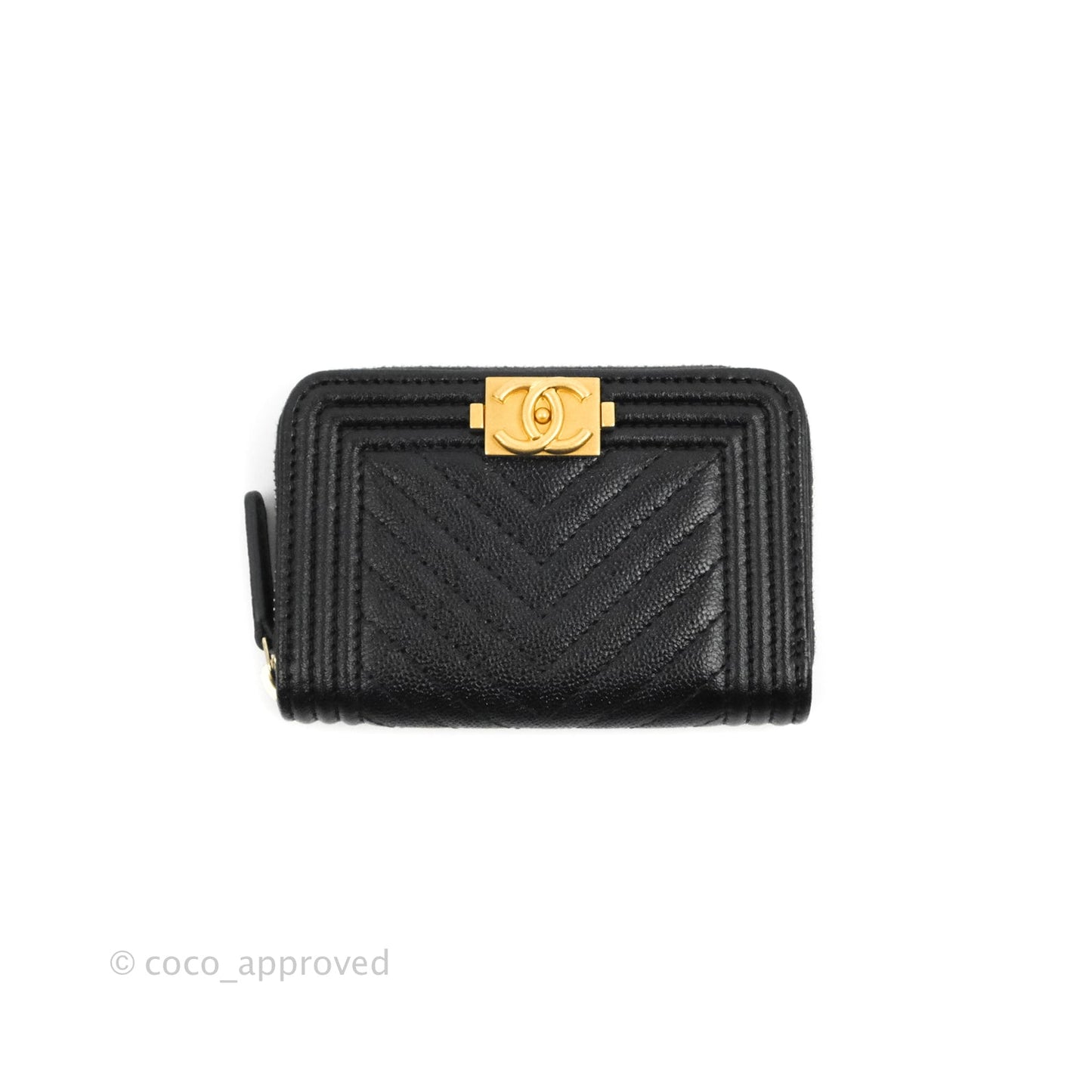 Chanel Chevron Boy Zip Card Holder Black Caviar Gold Hardware