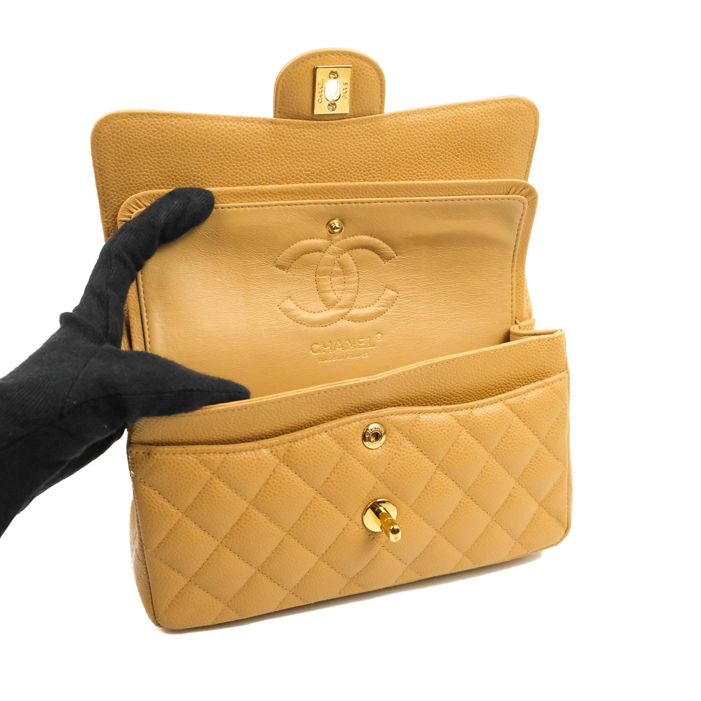 Chanel S/M Small Classic Quilted Flap Dark Beige Caviar 24K Gold Hardware