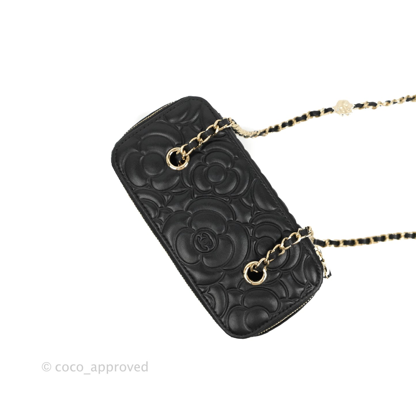 Chanel Vanity Rectangular Camellia Embossed Black Lambskin Gold Hardware