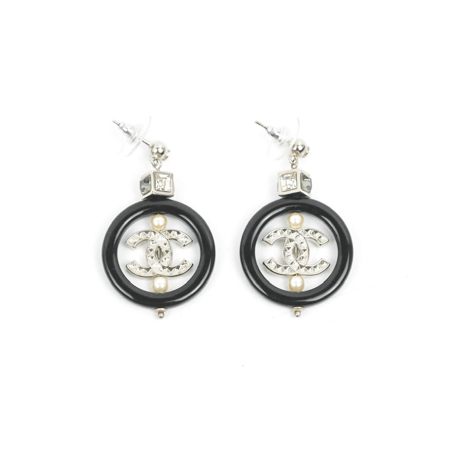 Chanel Crystal CC Black Round Drop Earrings 18B