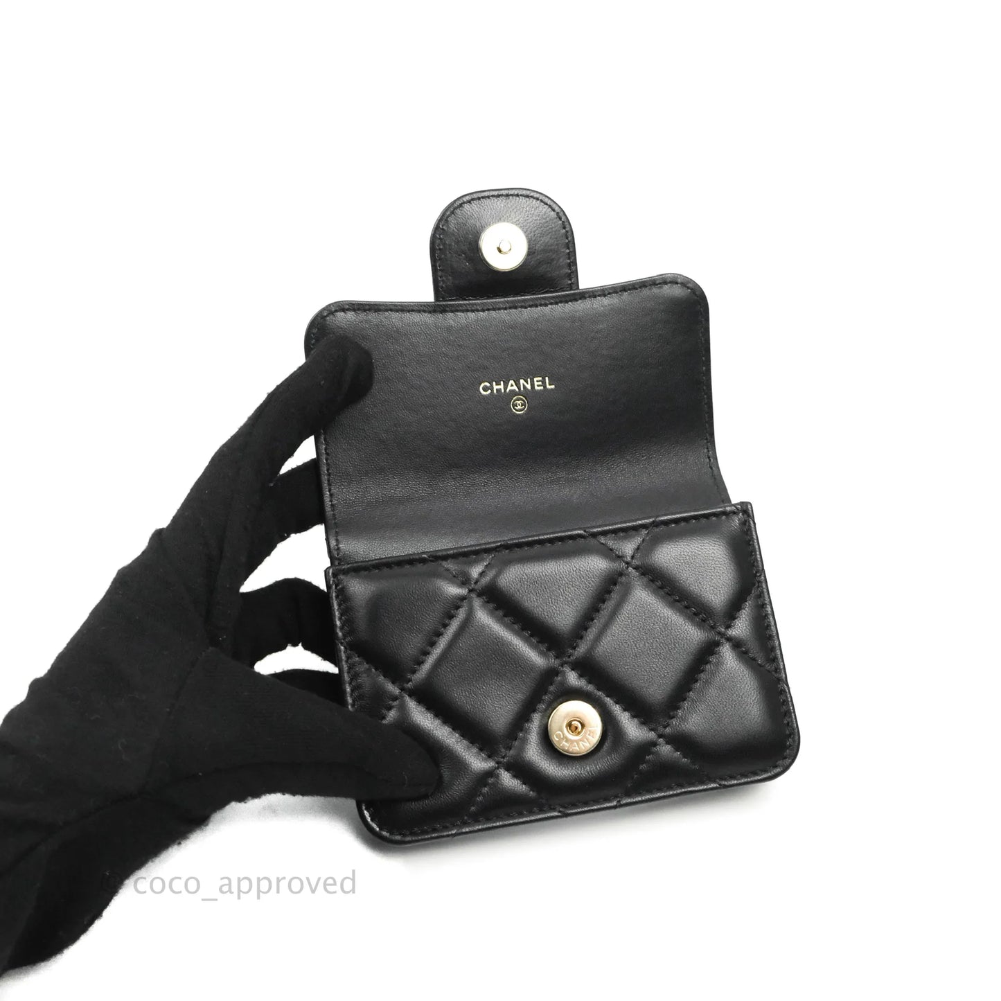 Chanel Resin Bi-Color Chain Mini Card Holder Belt Bag Black Lambskin Gold Hardware