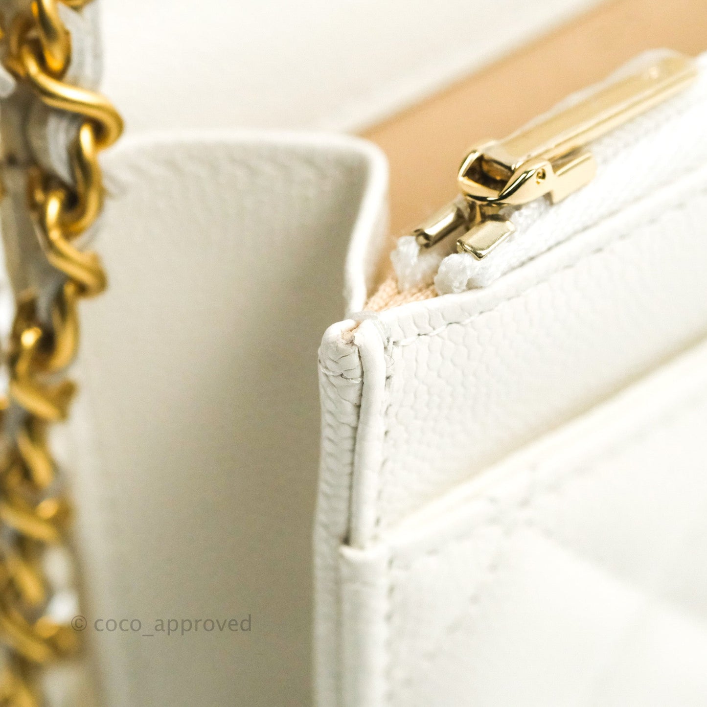 Chanel Quilted Gold CC Coin Wallet on Chain WOC White Caviar Gold Hardware