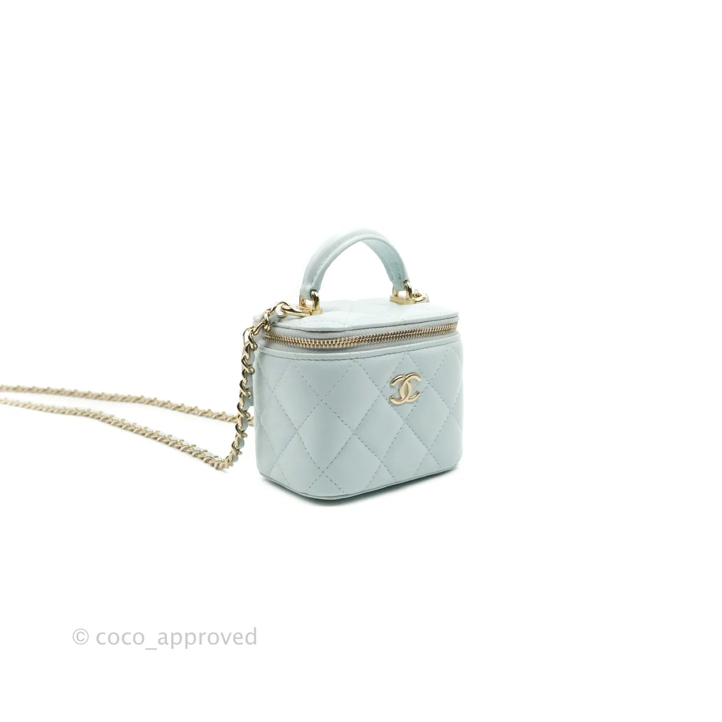 Chanel Mini Top Handle Vanity With Chain Light Blue Lambskin Gold Hardware