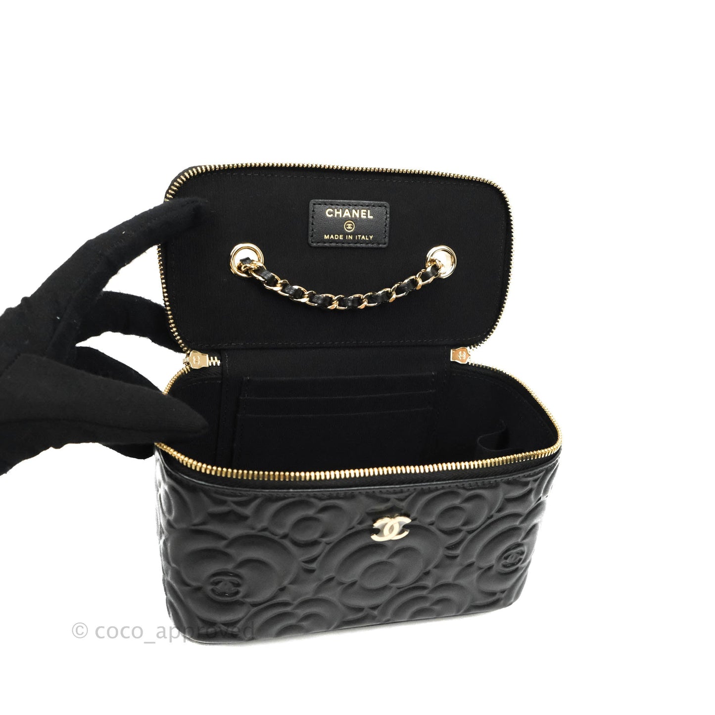Chanel Vanity Rectangular Camellia Embossed Black Lambskin Gold Hardware