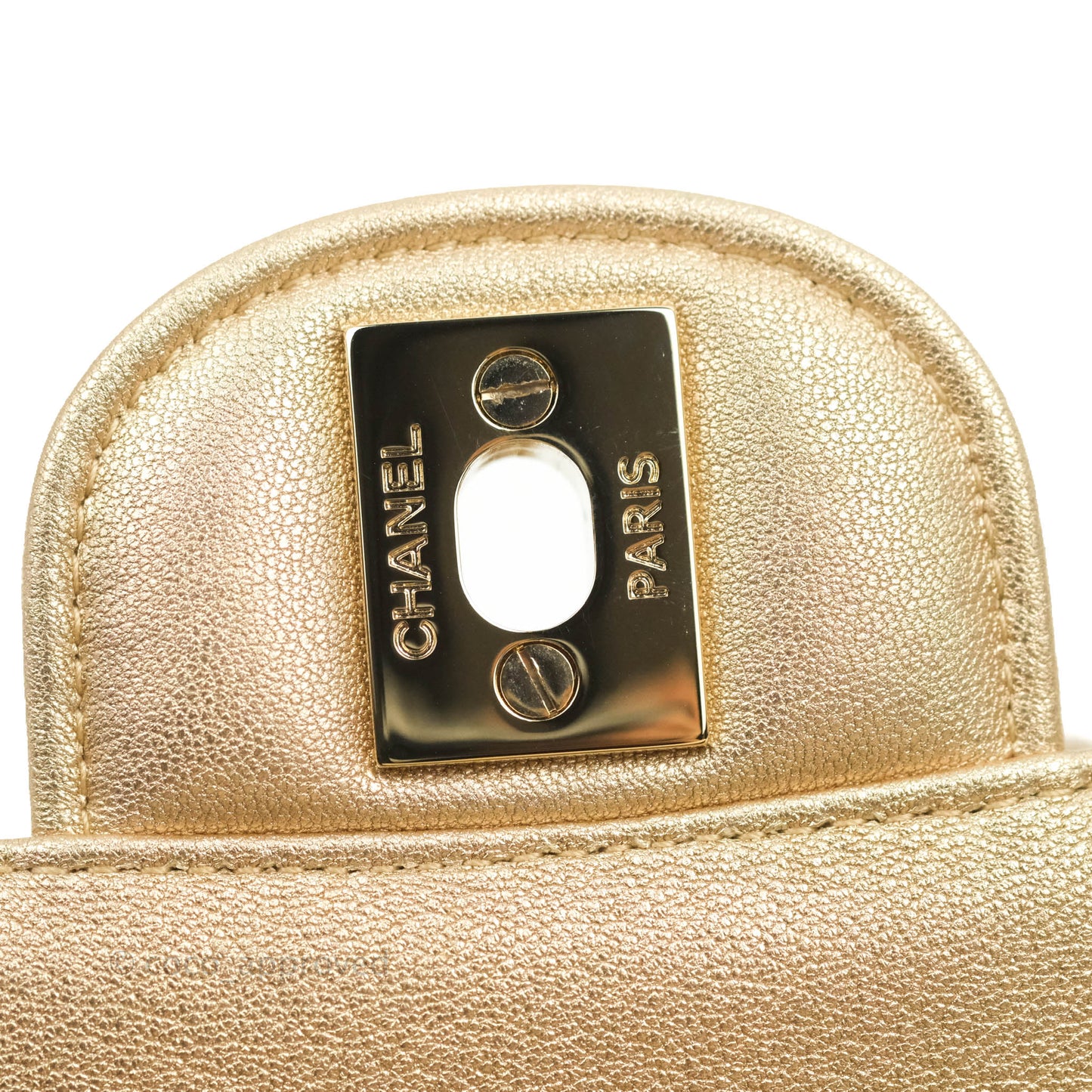 Chanel Classic Quilted Mini Square Flap Iridescent Gold Gold Hardware 21P