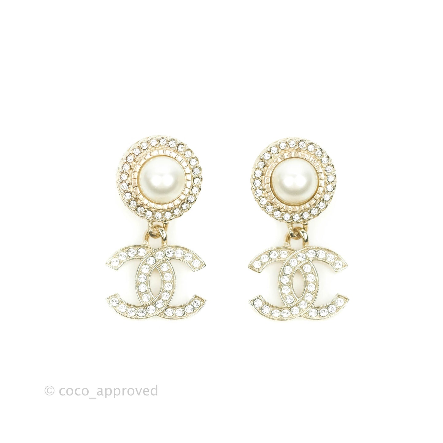 Chanel Round Rhinestone Pearl Drop CC Earrings Gold Tone 21B