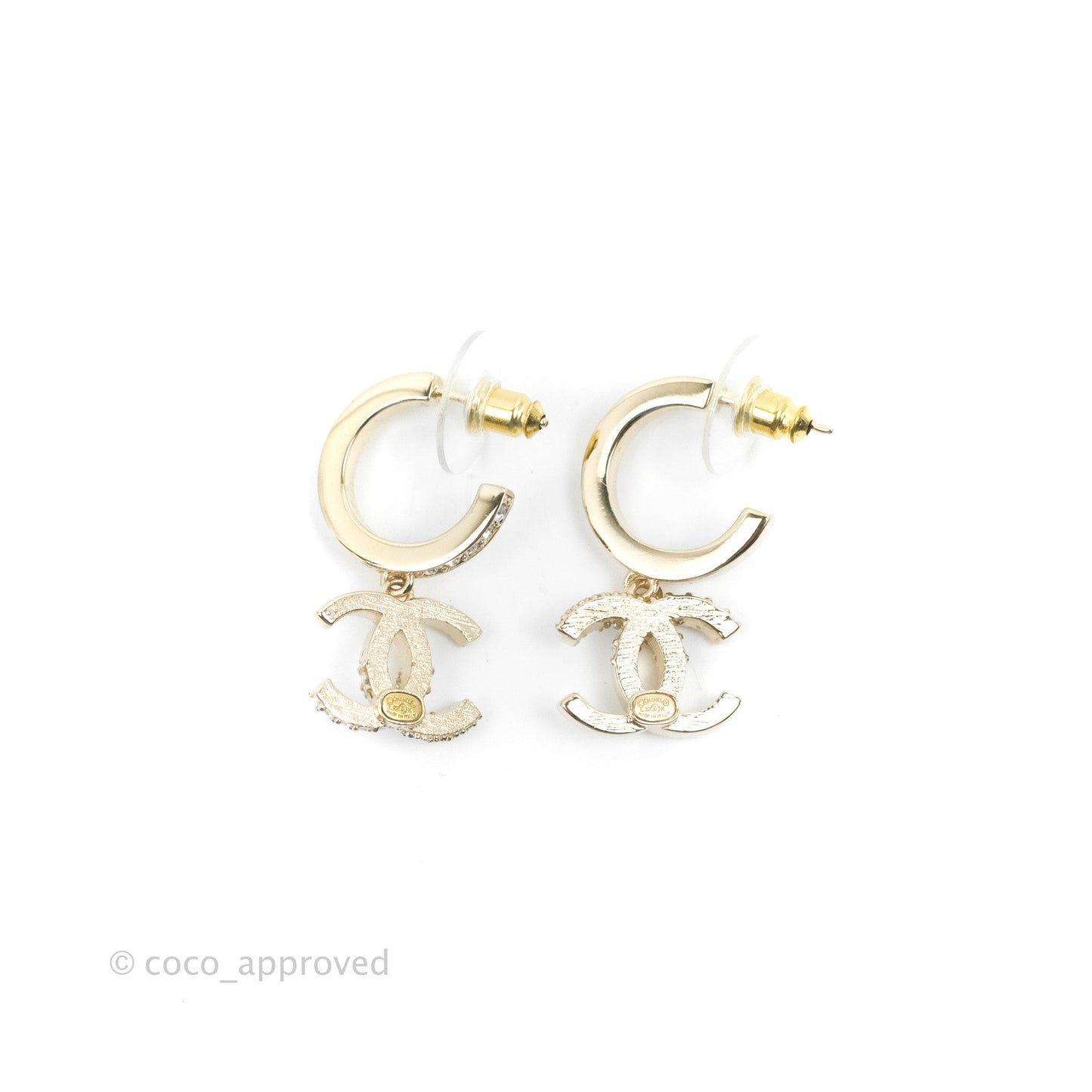Chanel CC Crystal Hoop Earrings Gold Tone 22K