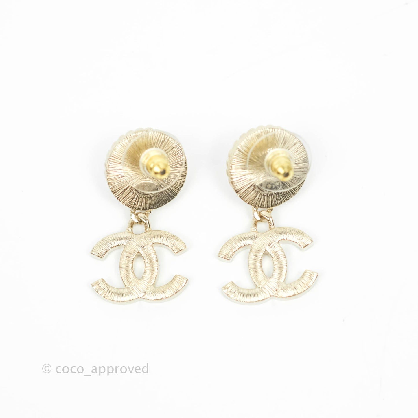Chanel Round Rhinestone Pearl Drop CC Earrings Gold Tone 21B