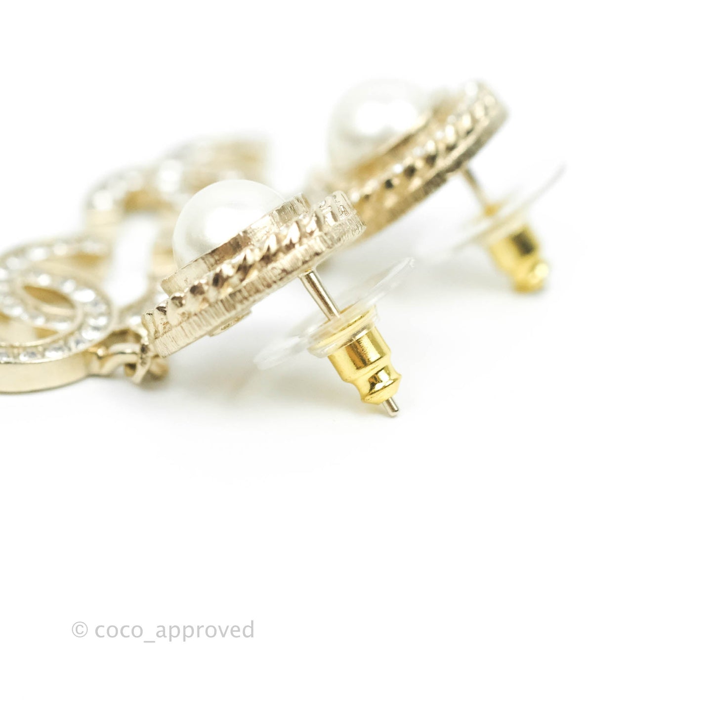 Chanel Round Rhinestone Pearl Drop CC Earrings Gold Tone 21B