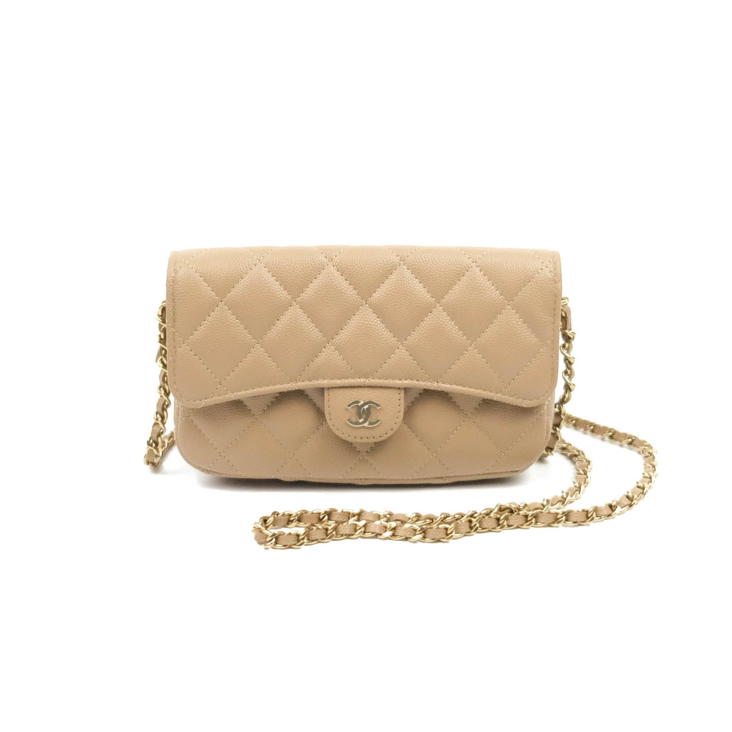 Chanel Classic Flap Phone Holder With Chain Dark Beige Caviar Gold Hardware 22A