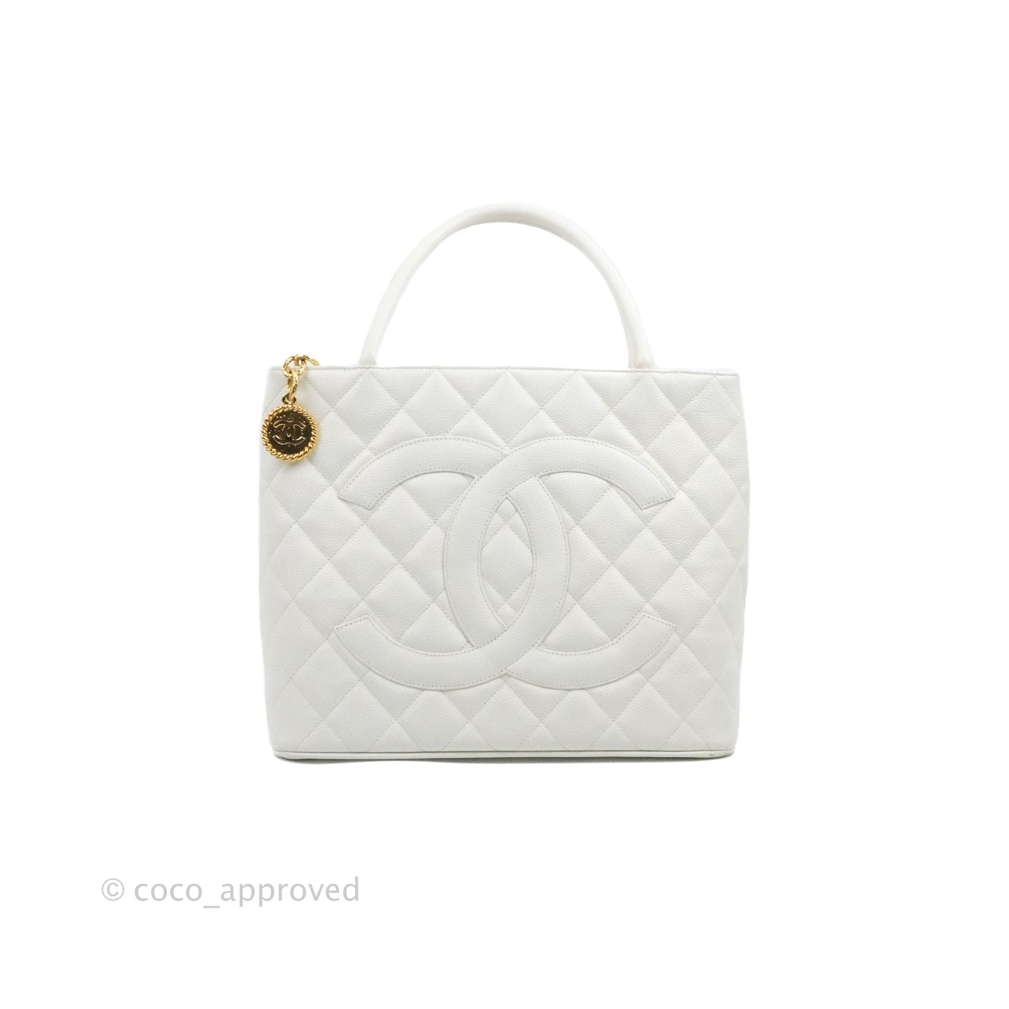 Chanel Vintage Medallion CC White Caviar Tote Bag Gold Hardware