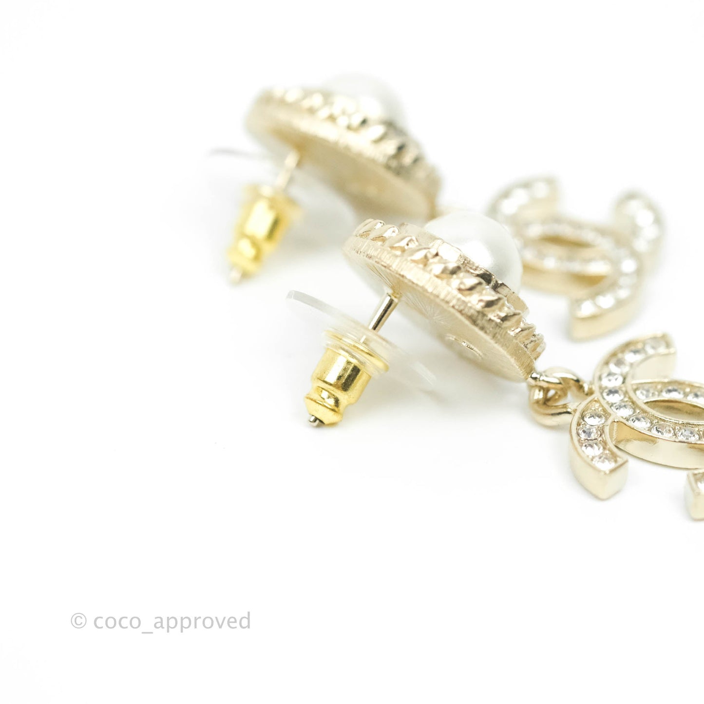 Chanel Round Rhinestone Pearl Drop CC Earrings Gold Tone 21B