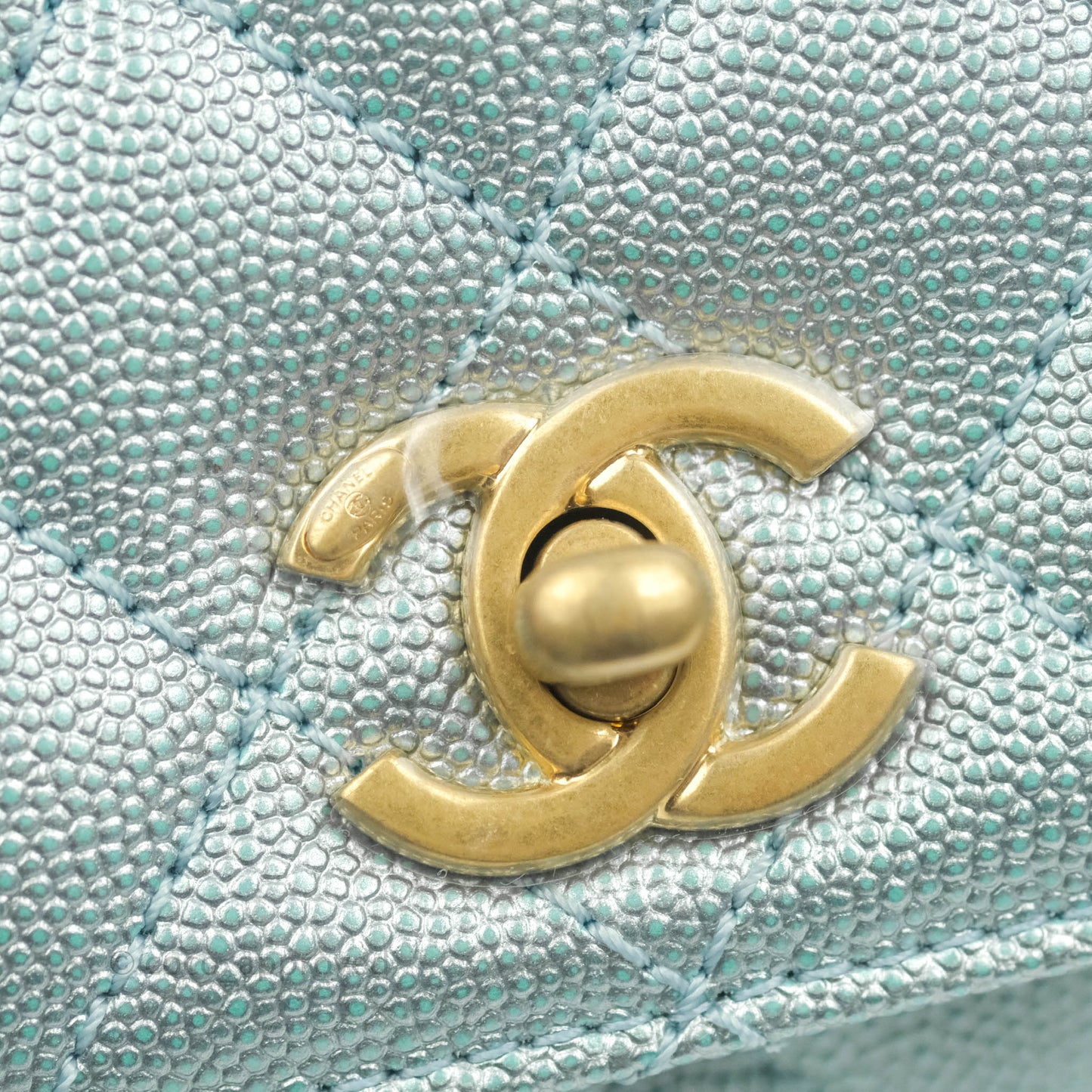 Chanel Mini Coco Handle Quilted Iridescent Blue Caviar Gold Hardware