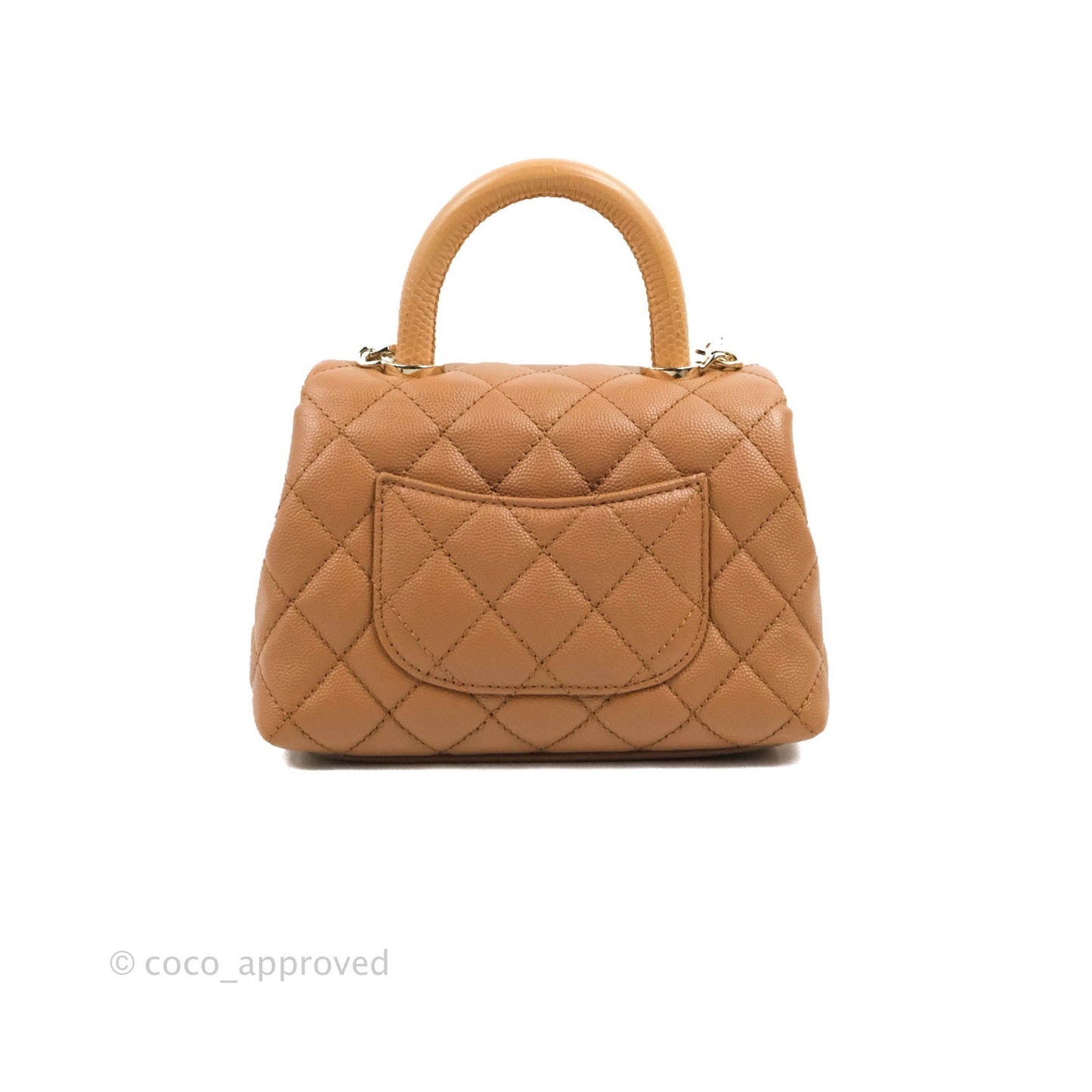 Chanel Mini Coco Handle Quilted Dark Beige Caramel Caviar Lizard Embossed Handle Gold Hardware