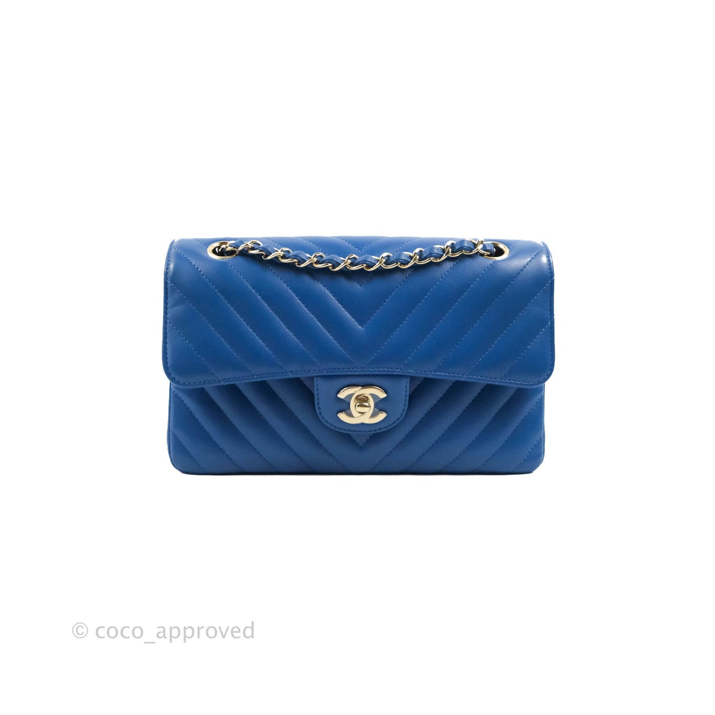 Chanel Classic Chevron S/M Small Double Flap Blue Lambskin Gold Hardware