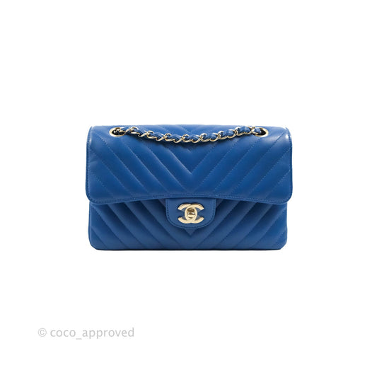 Chanel Classic Chevron S/M Small Double Flap Blue Lambskin Gold Hardware