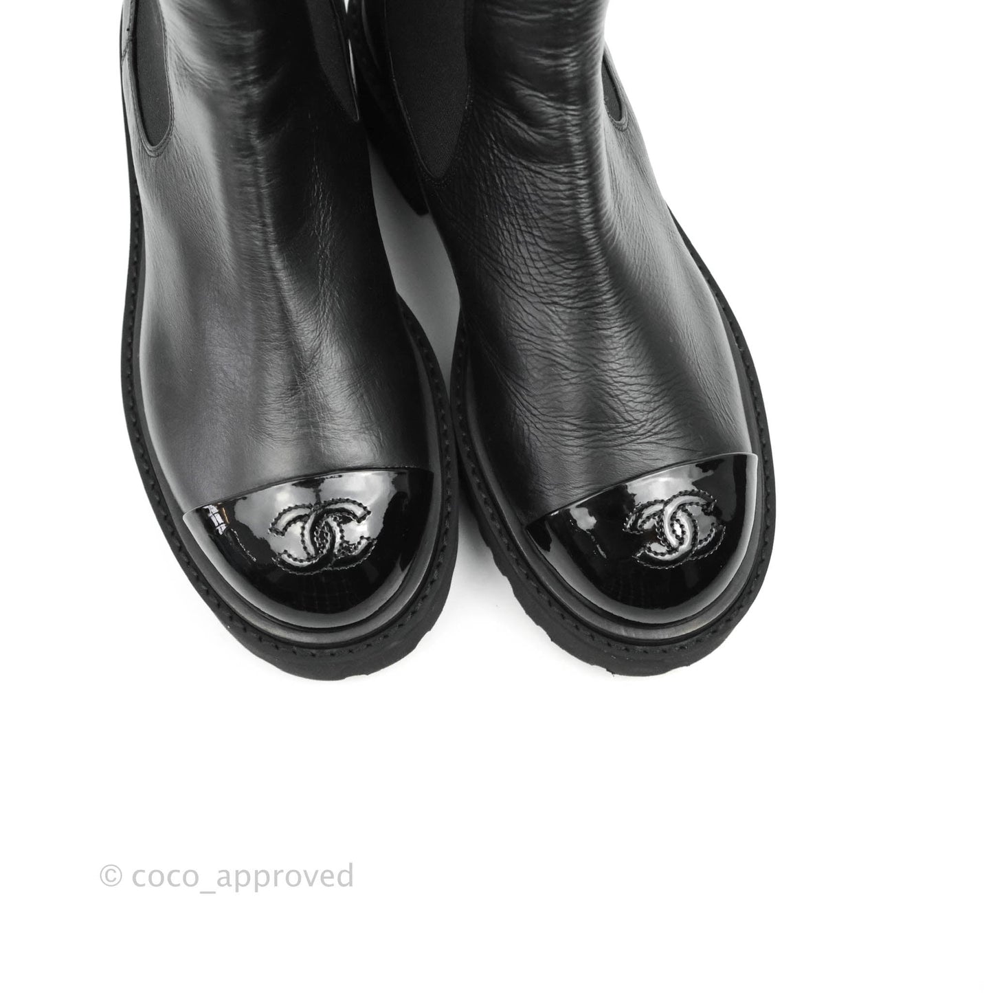 Chanel CC Black Crumpled Calfskin & Patent Ankle Boots Size 37.5