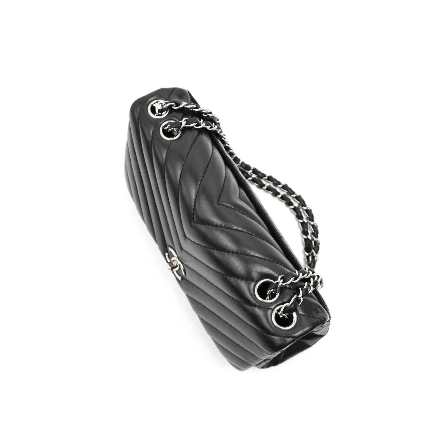 Chanel Surpique Chevron Medium Flap Black Silver Hardware