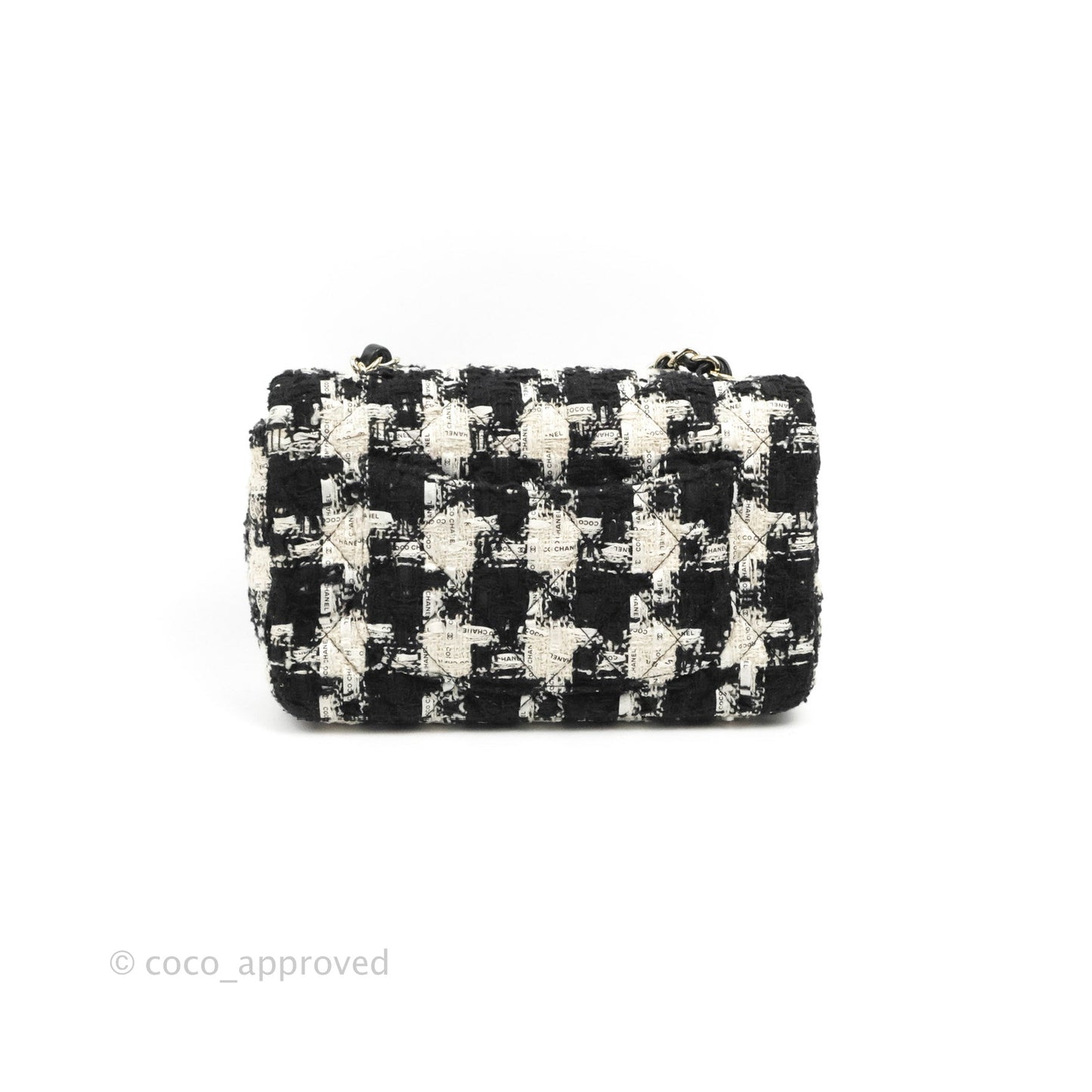 Chanel Quilted Mini Rectangular Flap Tweed Houndstooth Black & White Gold Hardware
