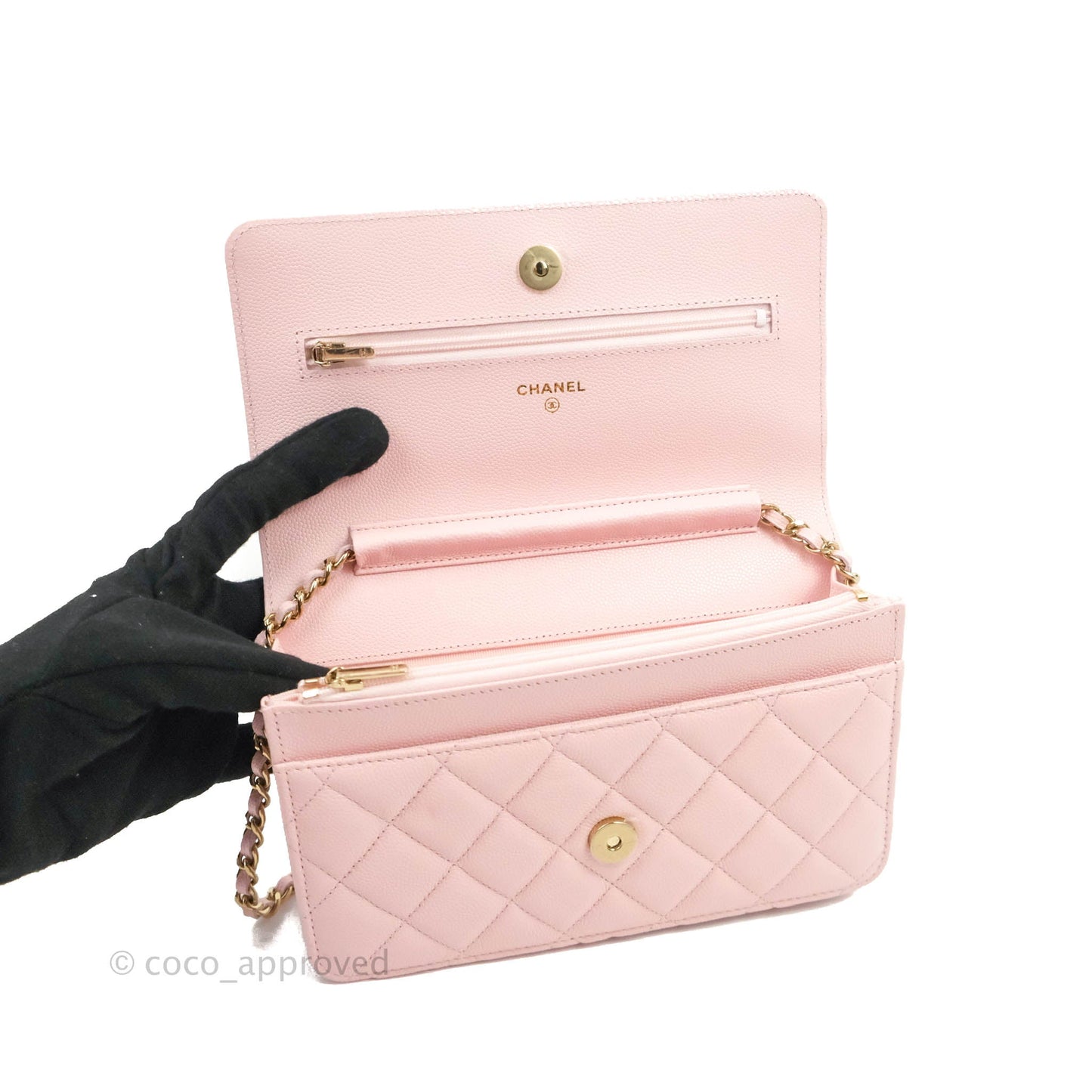 Chanel Quilted Classic Wallet on Chain WOC Light Pink Caviar Gold Hardware 22S