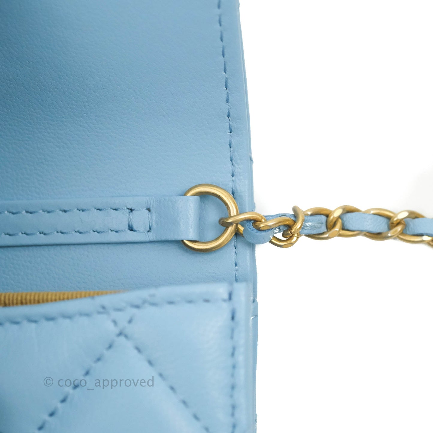 Chanel Pearl Crush Mini Clutch With Chain Blue Lambskin Aged Gold Hardware