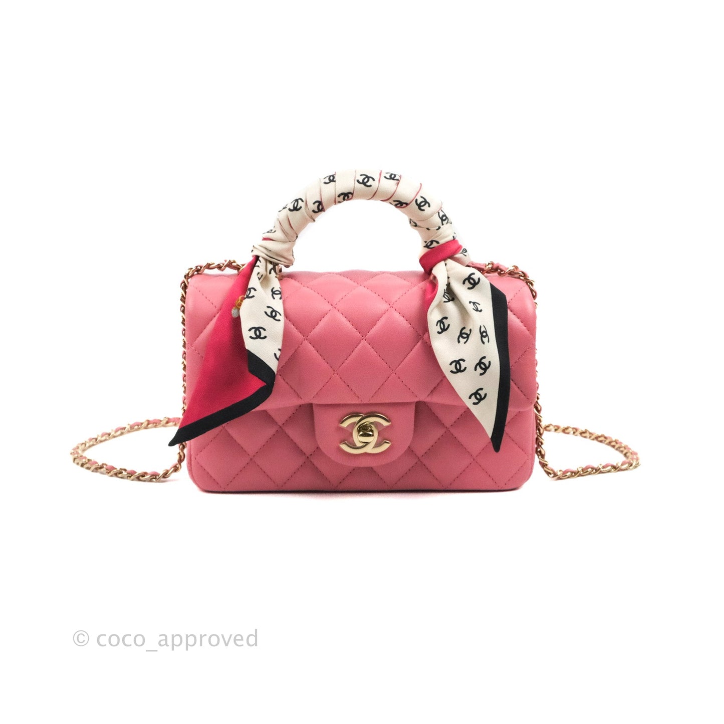 Chanel Top Handle Mini Rectangular Flap Bag Pink Lambskin Gold Hardware With Twilly